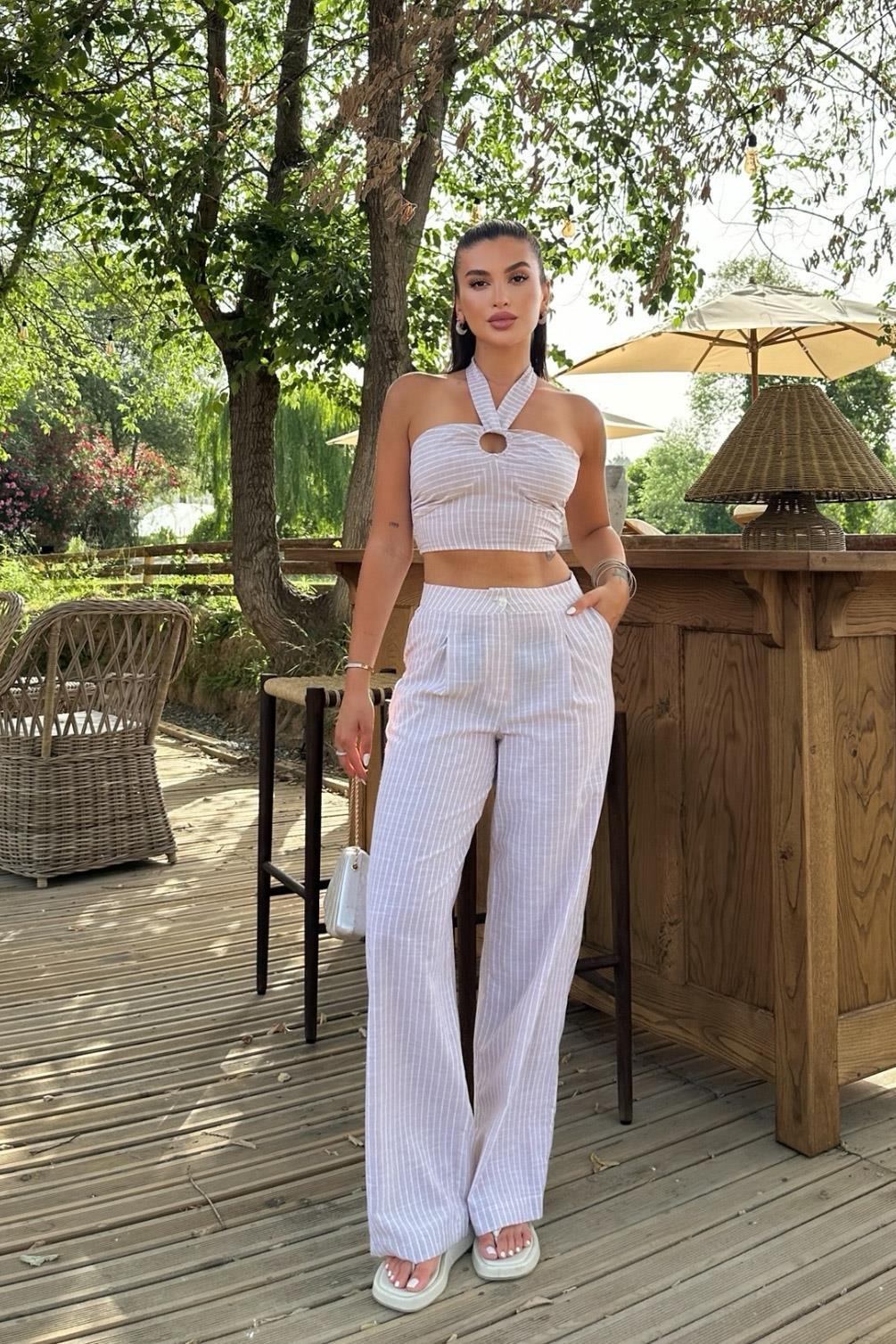 Vesna Keten Çizgili Crop Takım 9806-0025