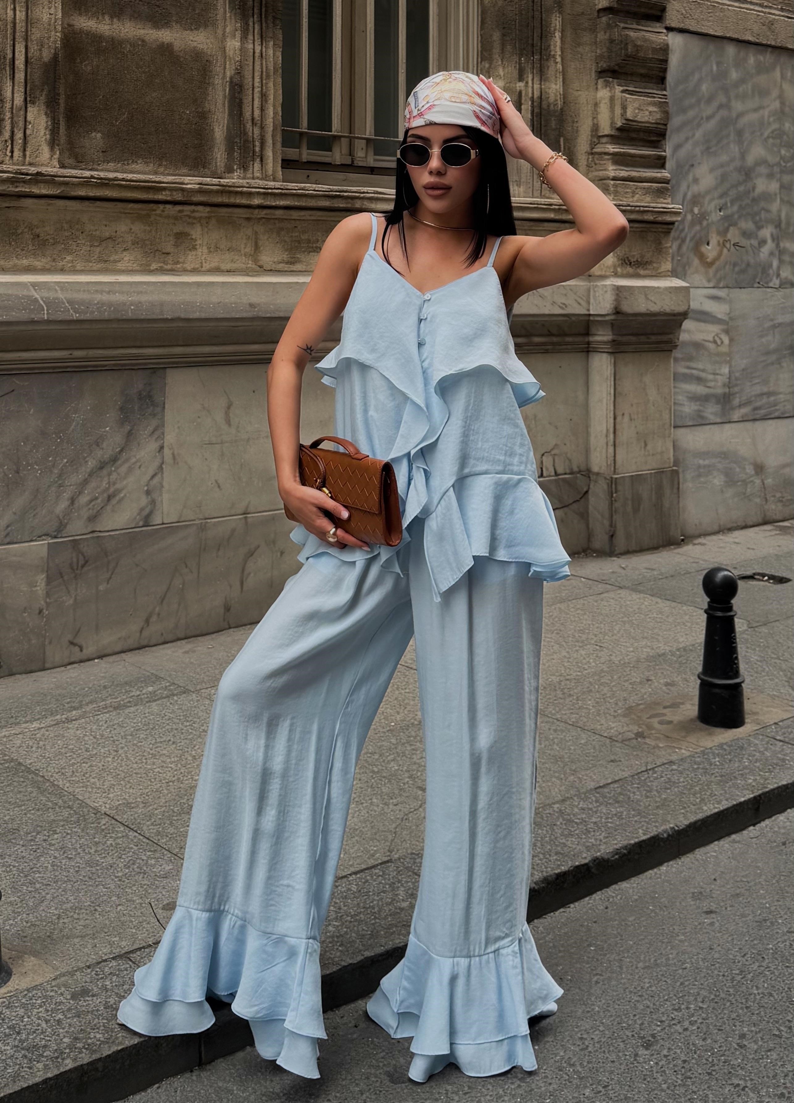 Volan Detaylı Askılı Bluz Geniş Paça Pantolon Takım 10343