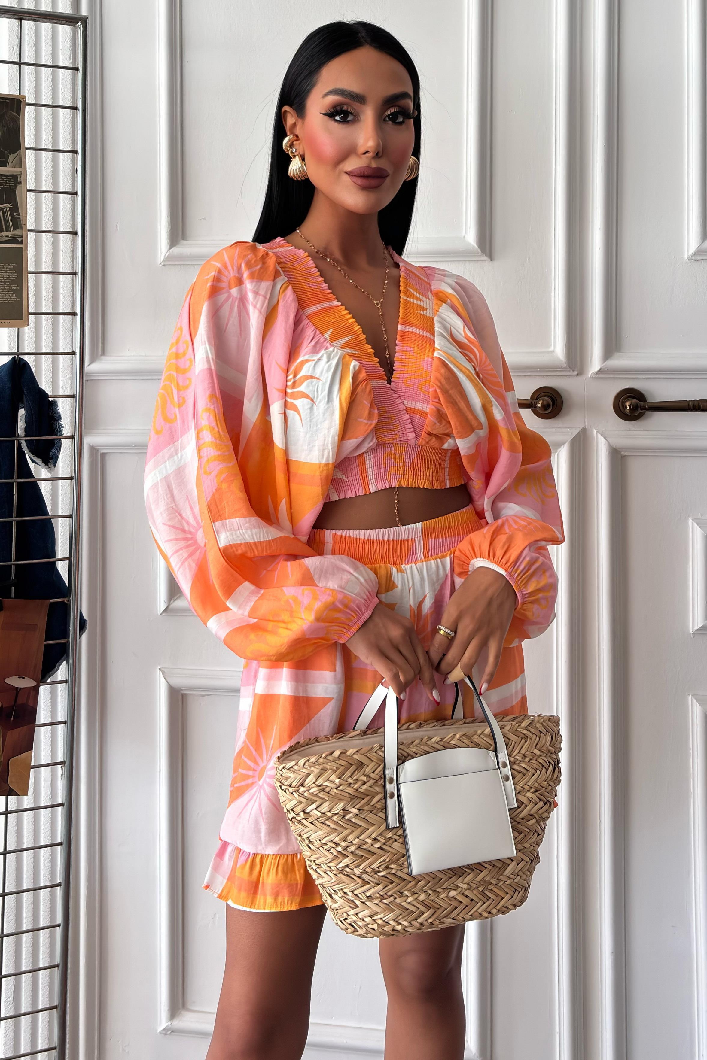 Yakası Gipeli ve Balon Kollu Desenli Modal Takım 10170 R5-D-K5