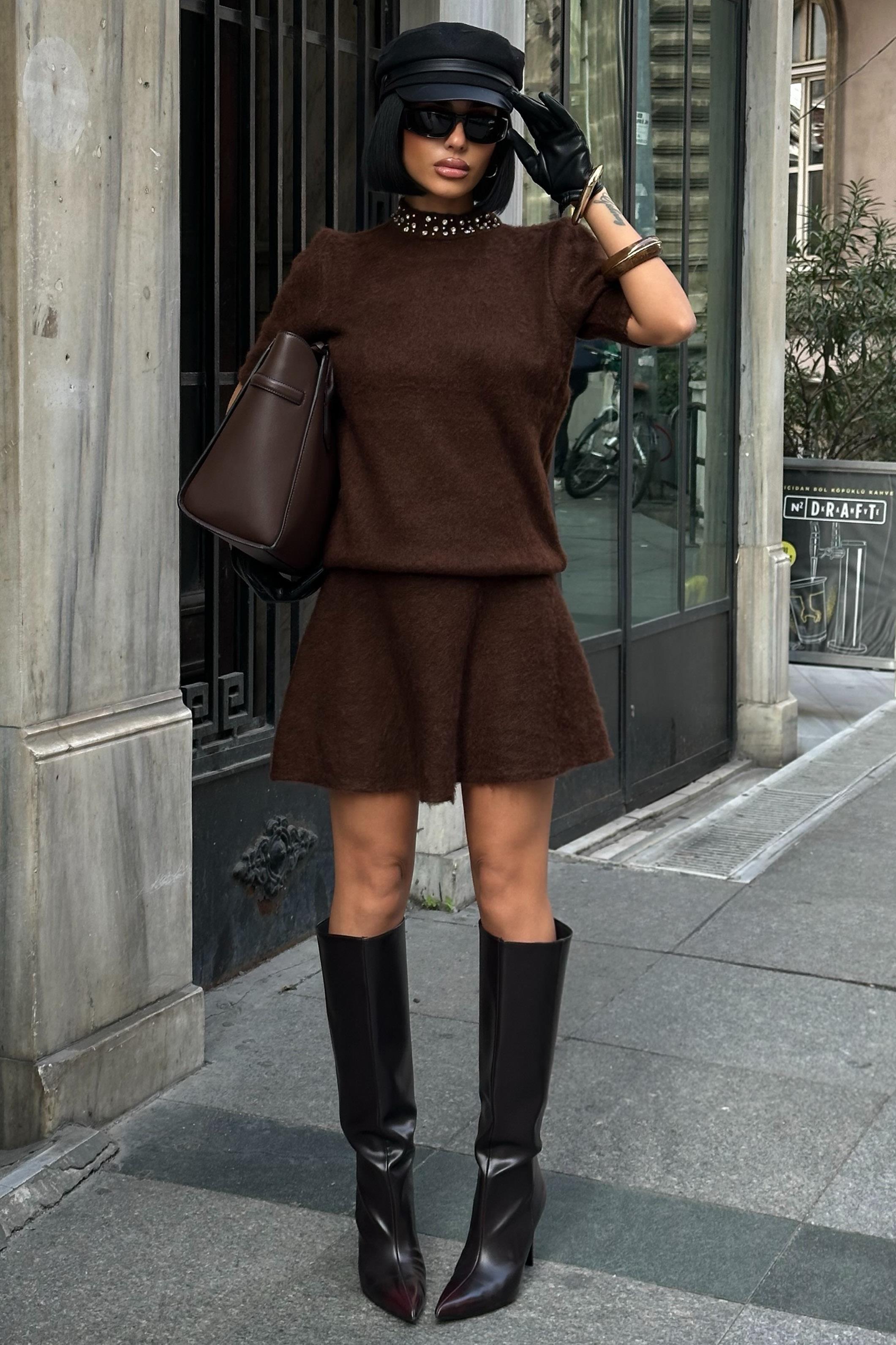 Yakası Taşlı Şardonlu Mini Etekli Takım 10002 R4-G-K4