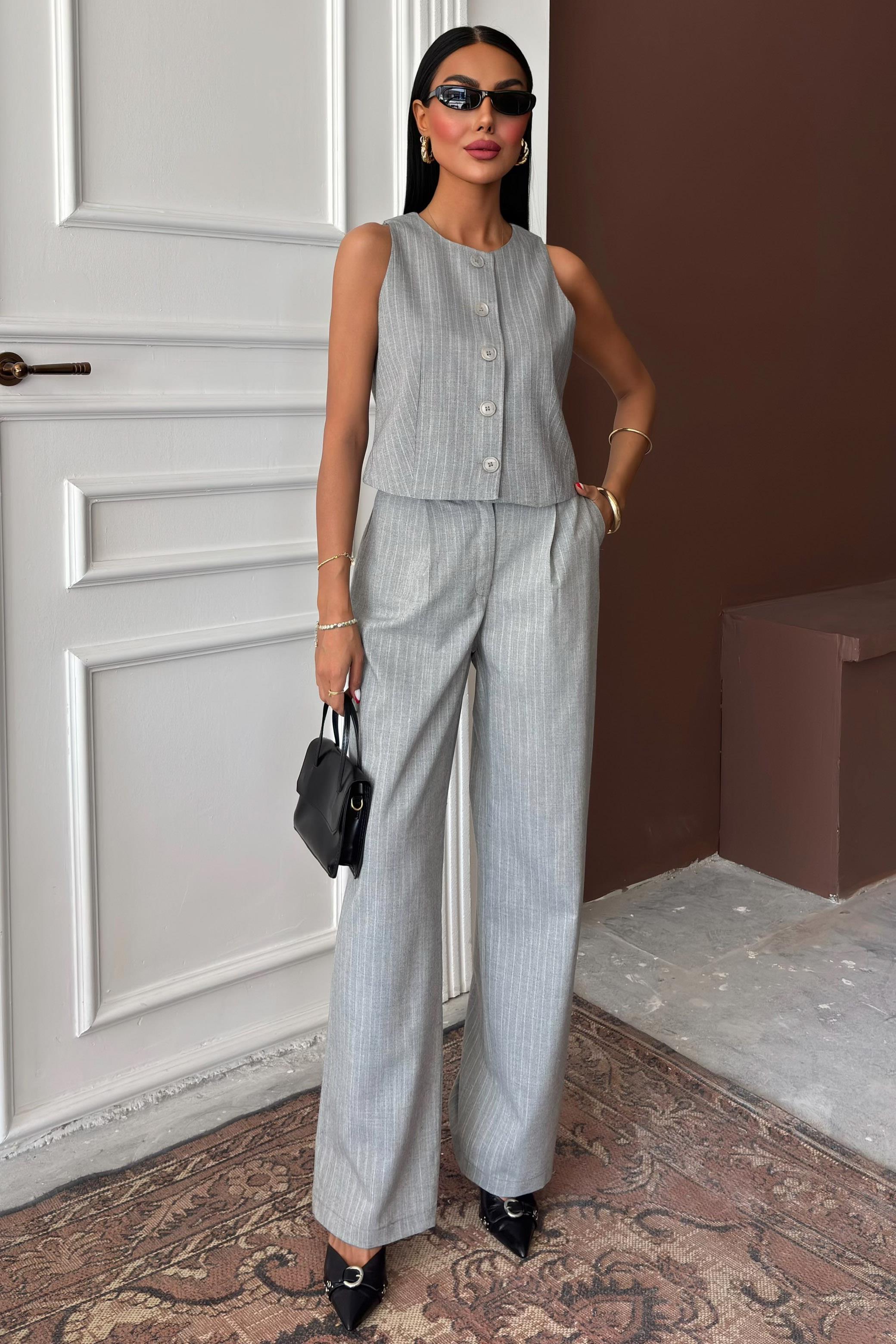 Yelek Plazzo Pantolon Çizgili Flamlı Poliviscon Takım 10178 R9-K-K3