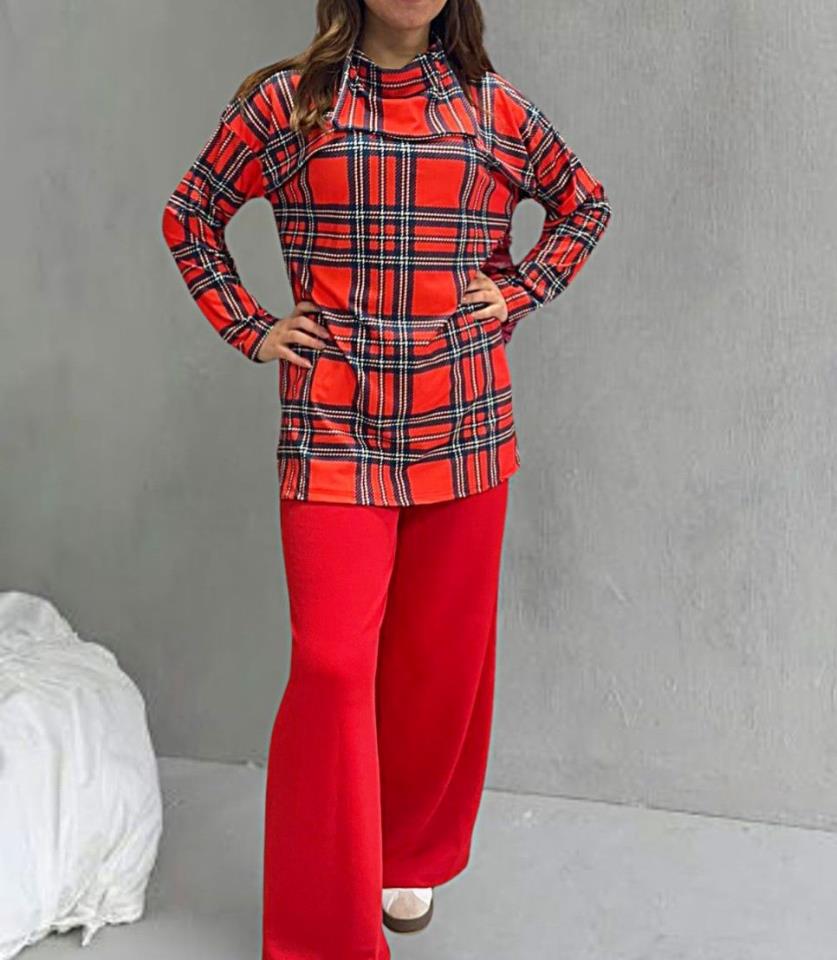 Yeni Sezon Dalgıç Kumaş Ekose Desen Bluz Pantolon Ikili Takım