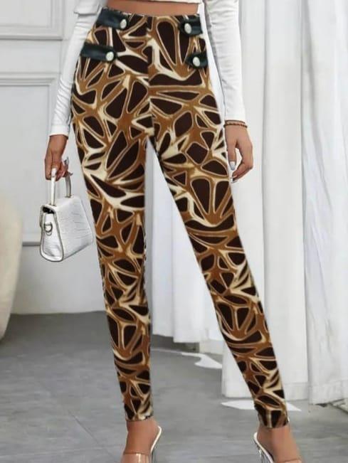 Yuksek Bel Digital Baskı Yan şerit Düğme Detaylı Dalgıç Kumaş Pantolon