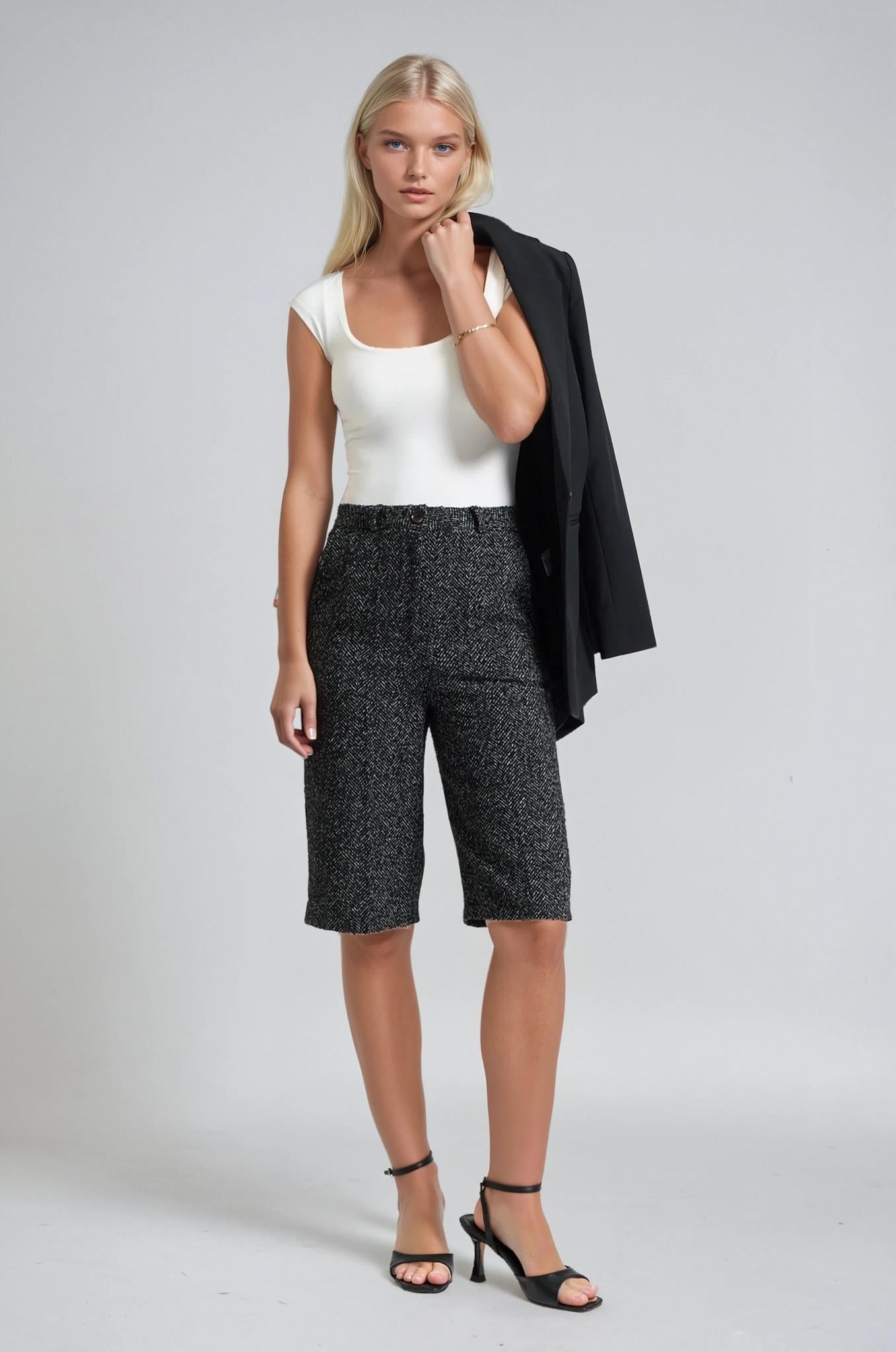 Yüksek Bel Tweed Bermuda Şort 0115