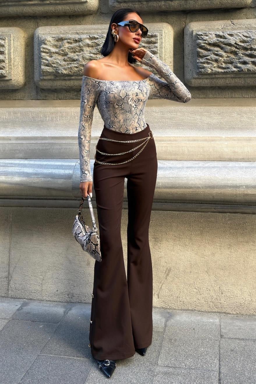 Zincir ve Düğme Detaylı İspanyol Pantolon 0089 R7-D-K3