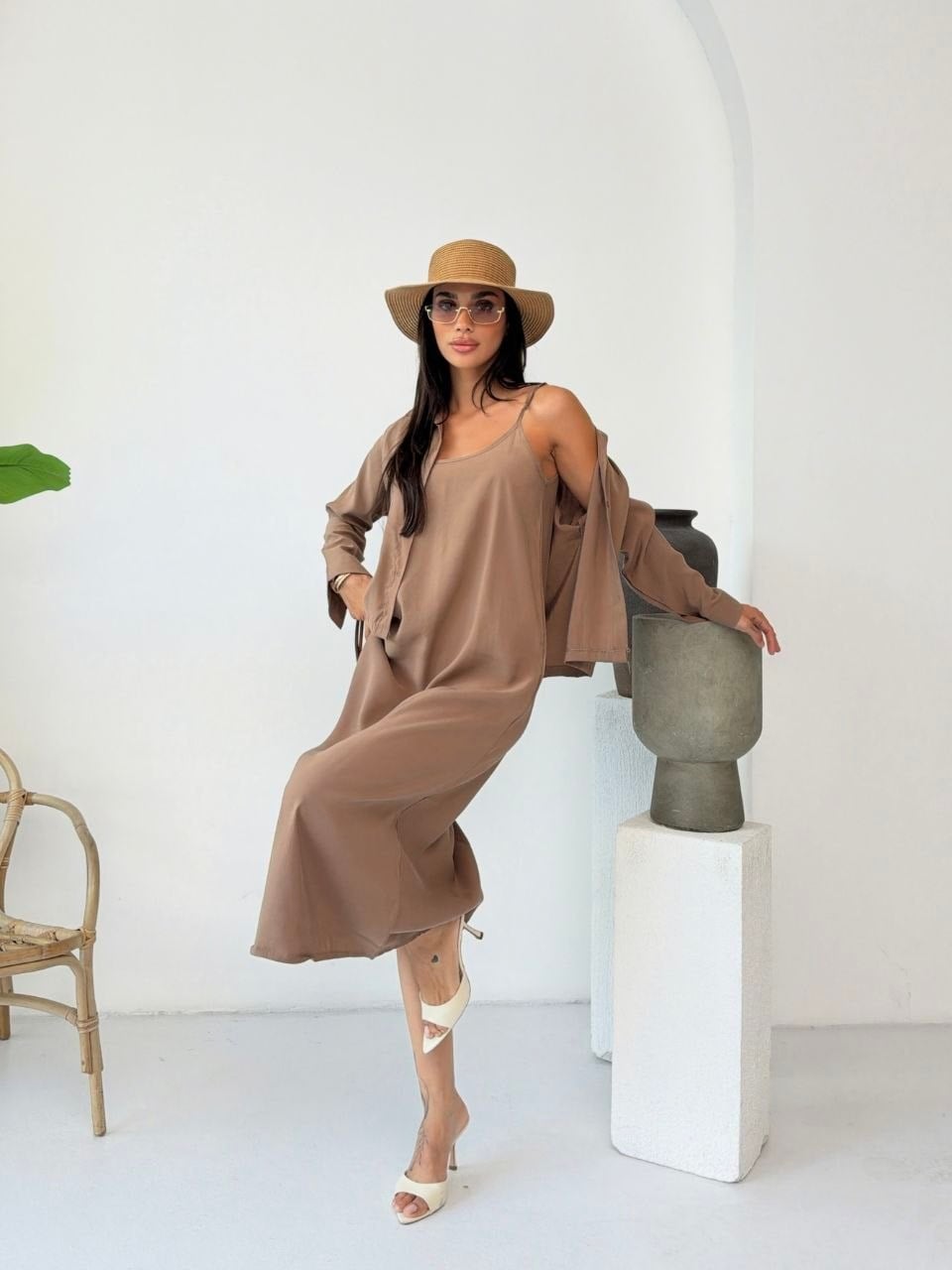 Zr Model Askılı Elbise Gömlek Premium İkili Takım - Bej