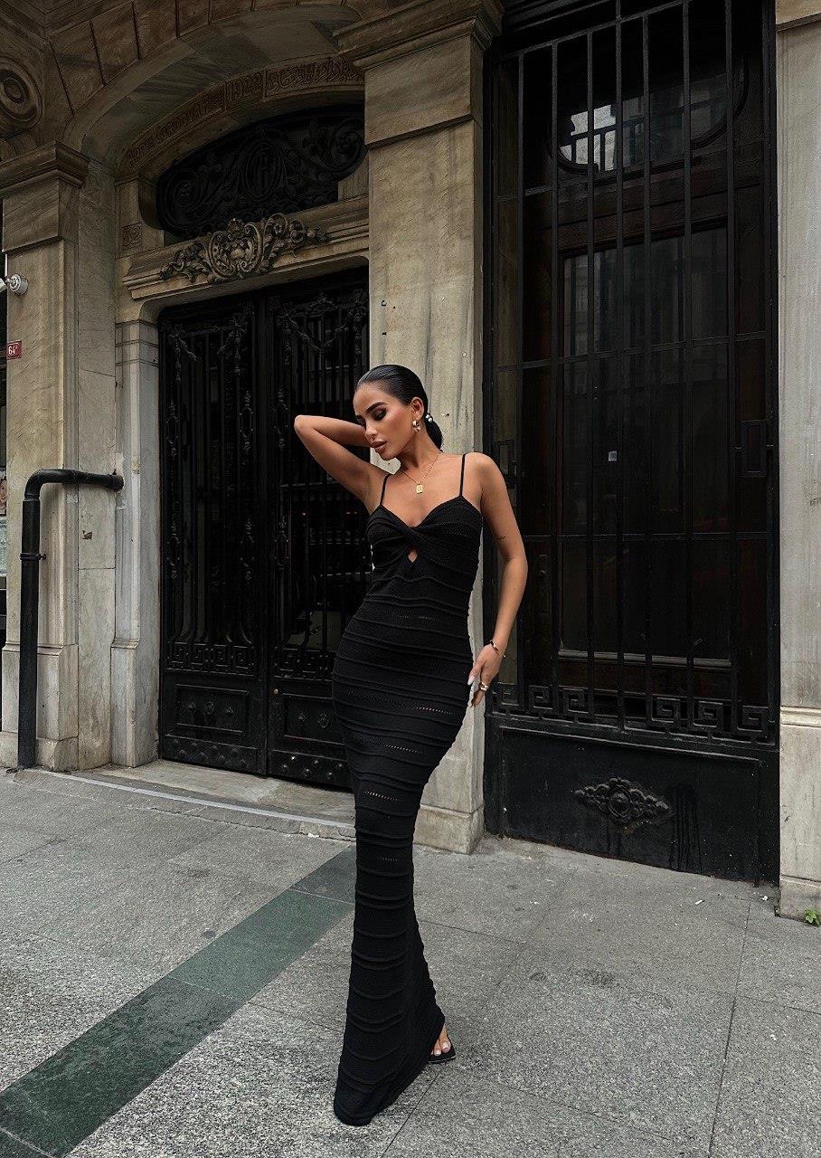 Zr Model Askılı Uzun Örme Elbise - Siyah