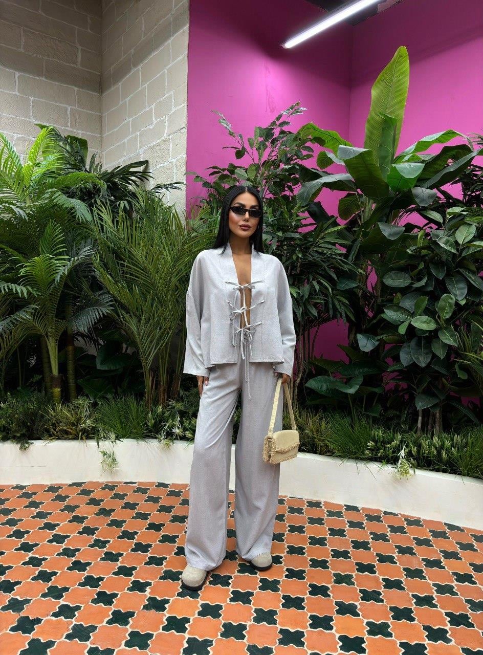 Zr Model Bağlamalı Oversize Premium Keten Takım - Gri