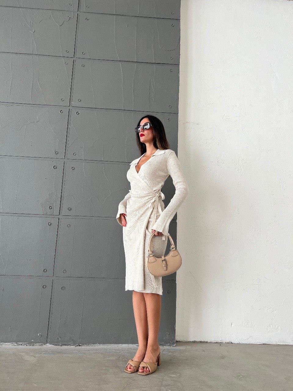 Zr Model Bağlamalı Triko Elbise - Ekru