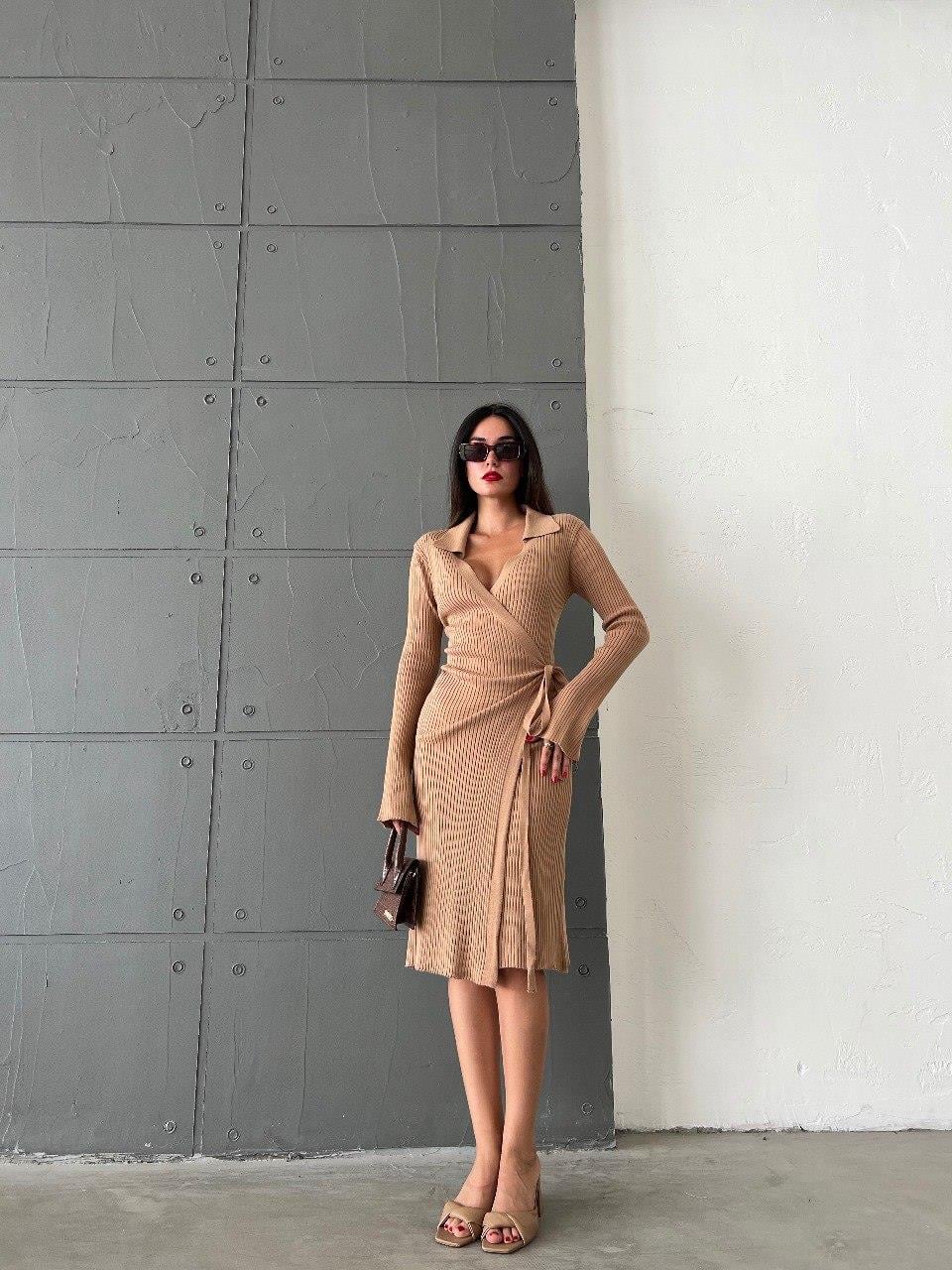 Zr Model Bağlamalı Triko Elbise - Kahve