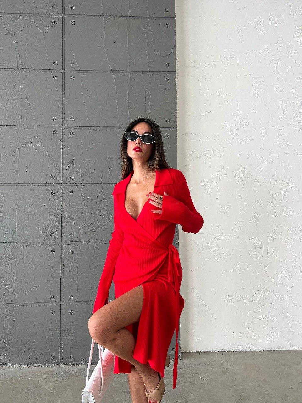Zr Model Bağlamalı Triko Elbise - Kırmızı