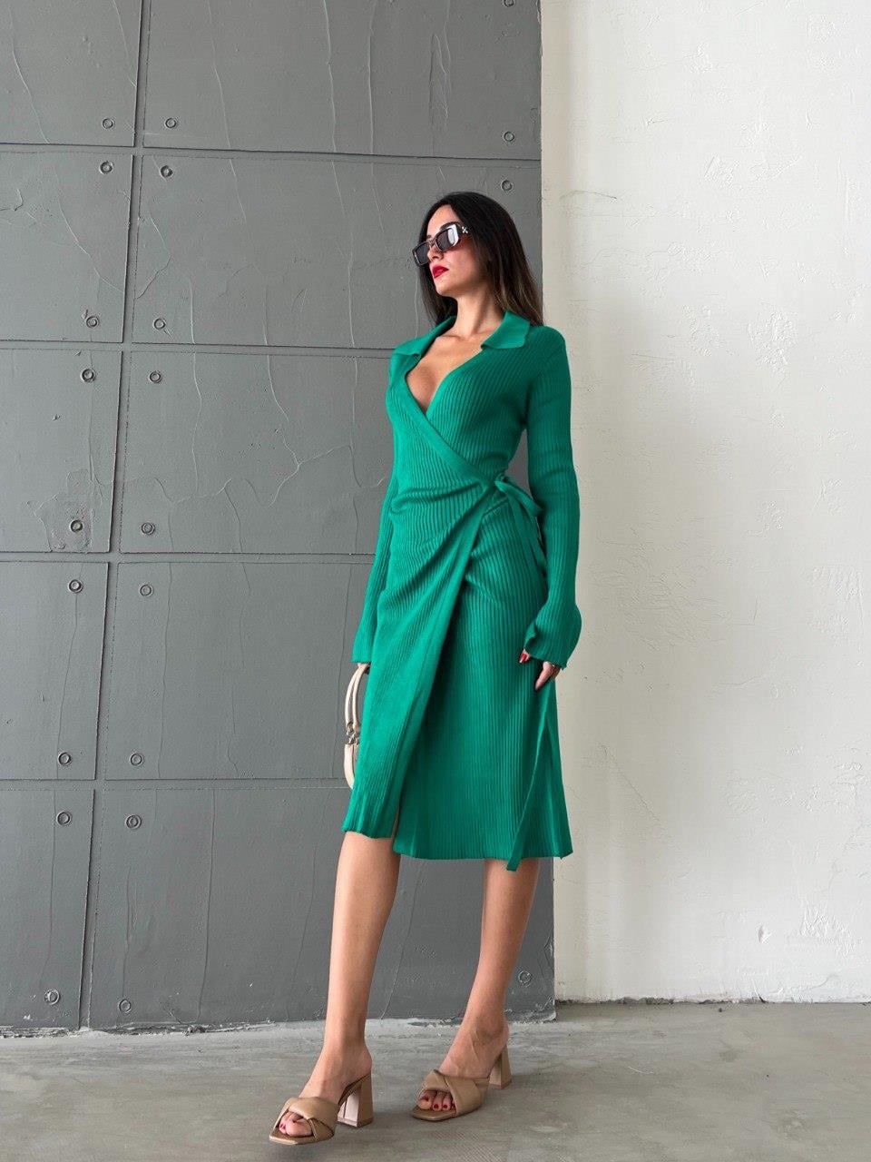Zr Model Bağlamalı Triko Elbise - Yeşil