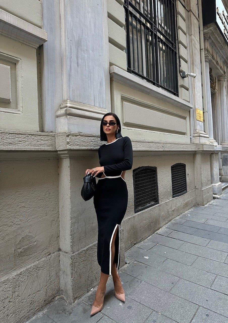 Zr Model Bel Detay Premium Triko Elbise - Siyah