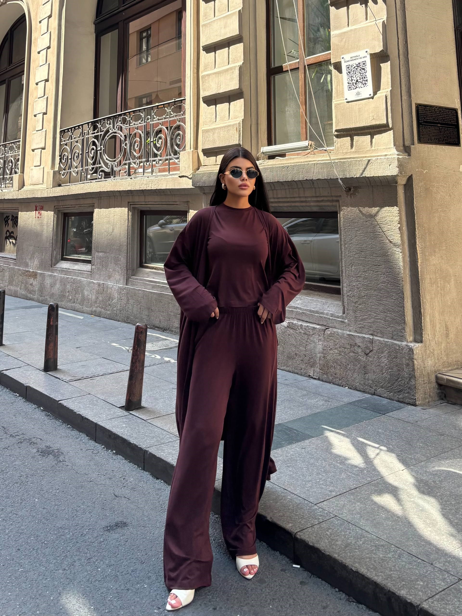 Zr Model Bluz Pantolon Hırka Premium Üçlü Takım - Kahve