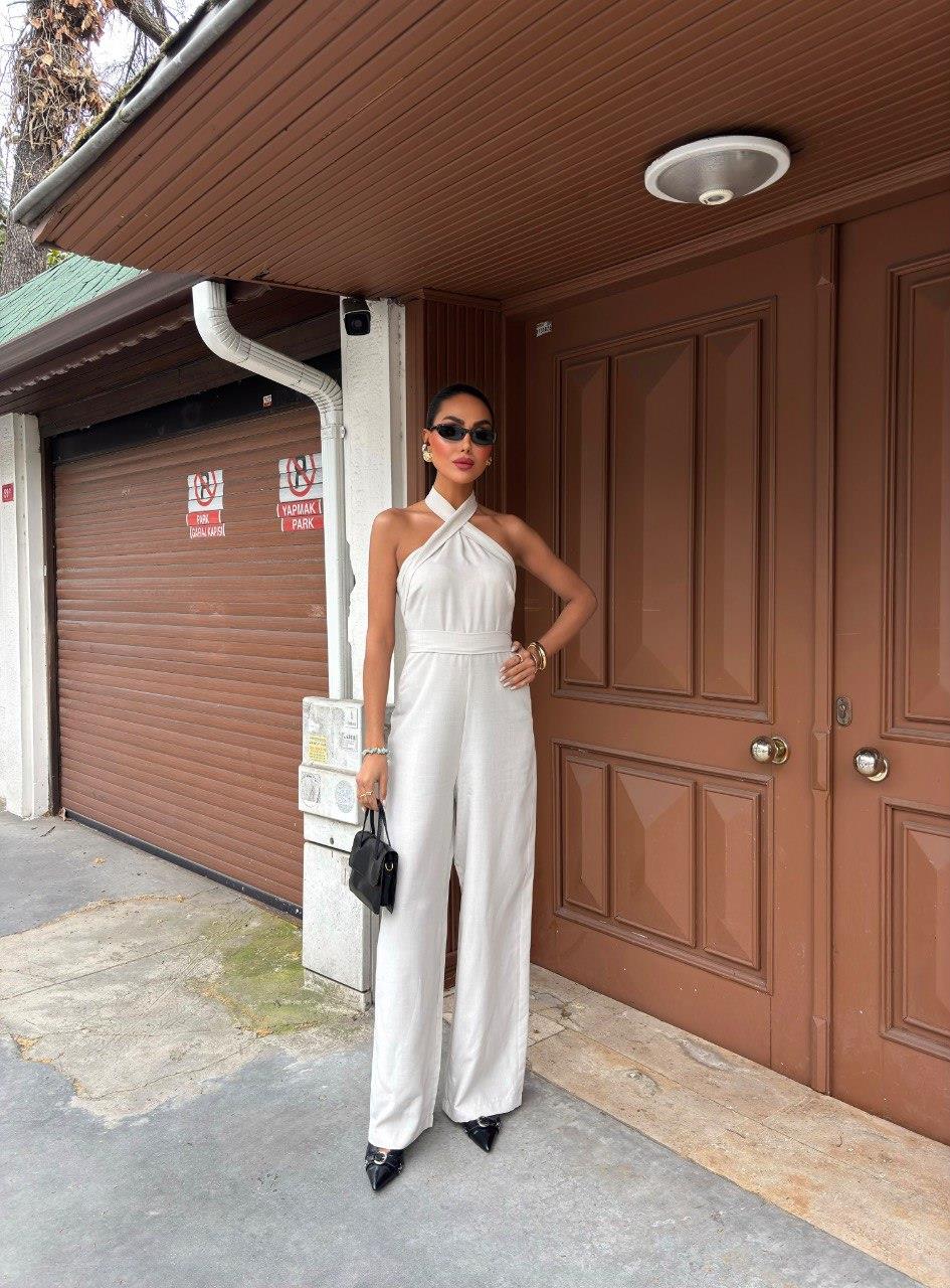 Zr model boyundan bağlamalı premium keten tulum - Taş