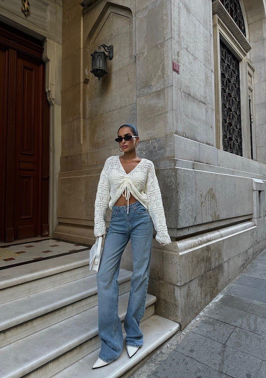 Zr Model Büzgülü Örme Triko Bluz - Ekru