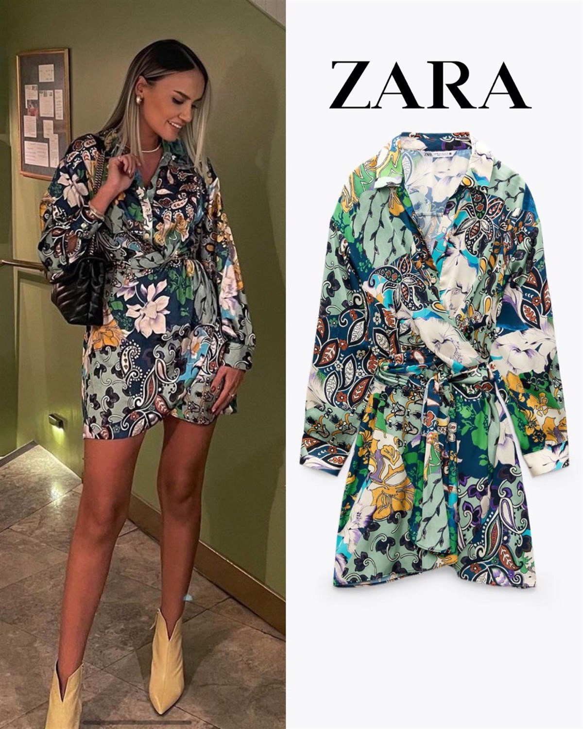 Zr model çiçek desen elbise  - YEŞİL