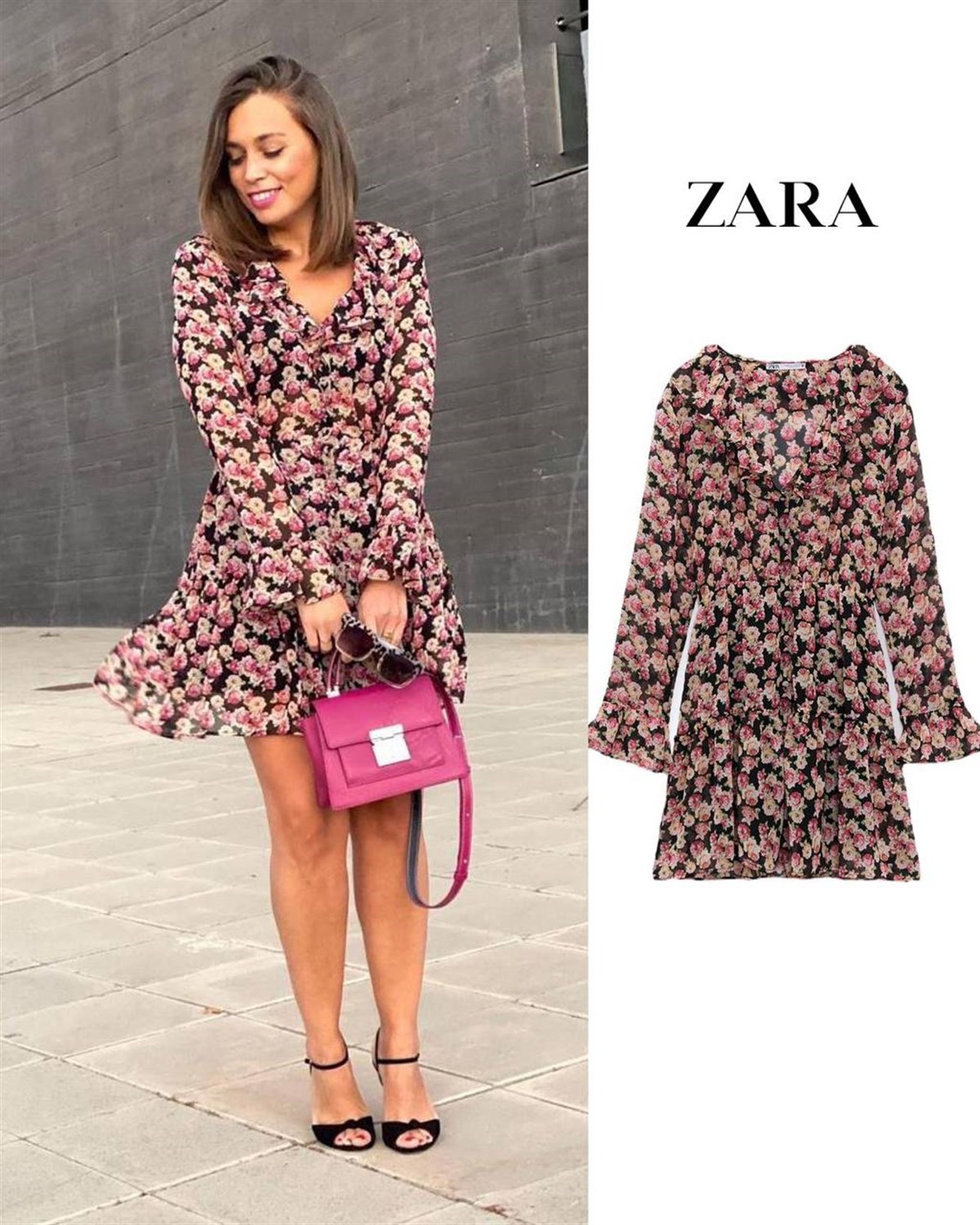 Zr model çiçek desen şifon elbise - SİYAH