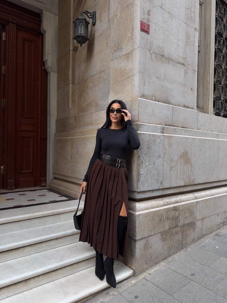 Zr Model Çift Kemer Piliseli Etek - Kahve