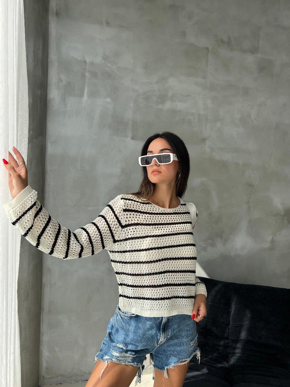 Zr Model Çizgili Örme Triko Bluz - Beyaz