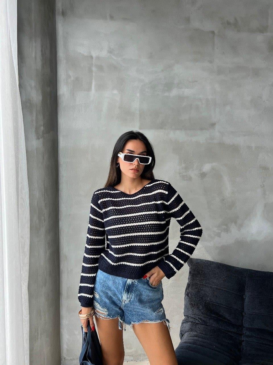 Zr Model Çizgili Örme Triko Bluz - Lacivert