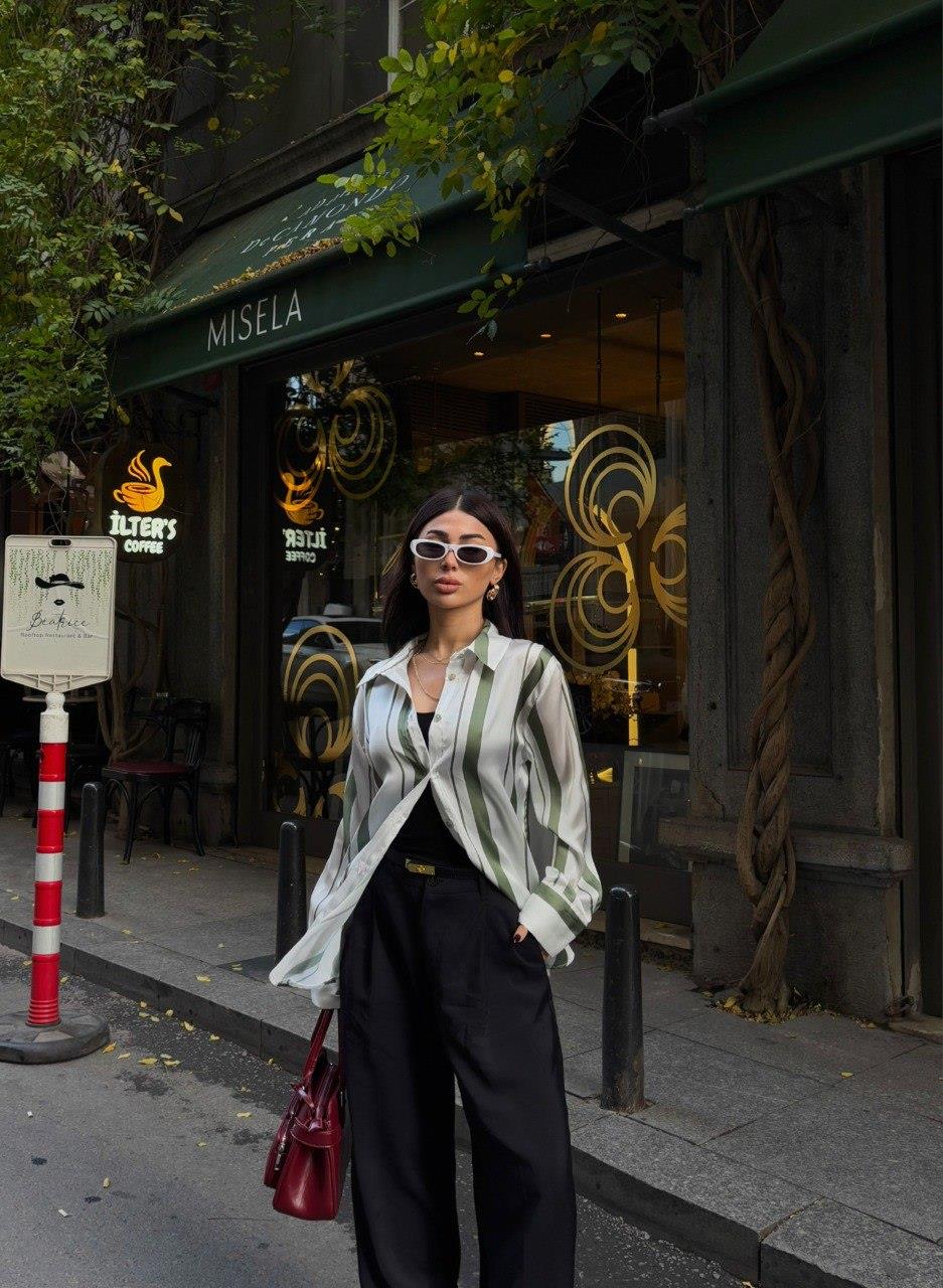 Zr Model Çizgili Oversize Saten Gömlek - Haki