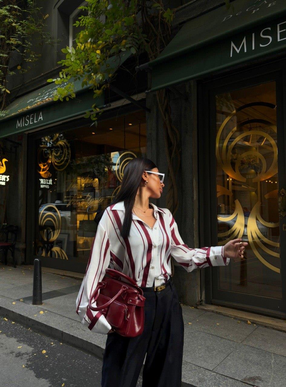 Zr Model Çizgili Oversize Saten Gömlek - Bordo