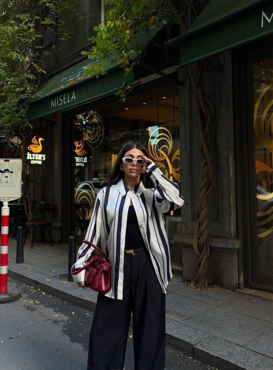 Zr Model Çizgili Oversize Saten Gömlek - Lacivert