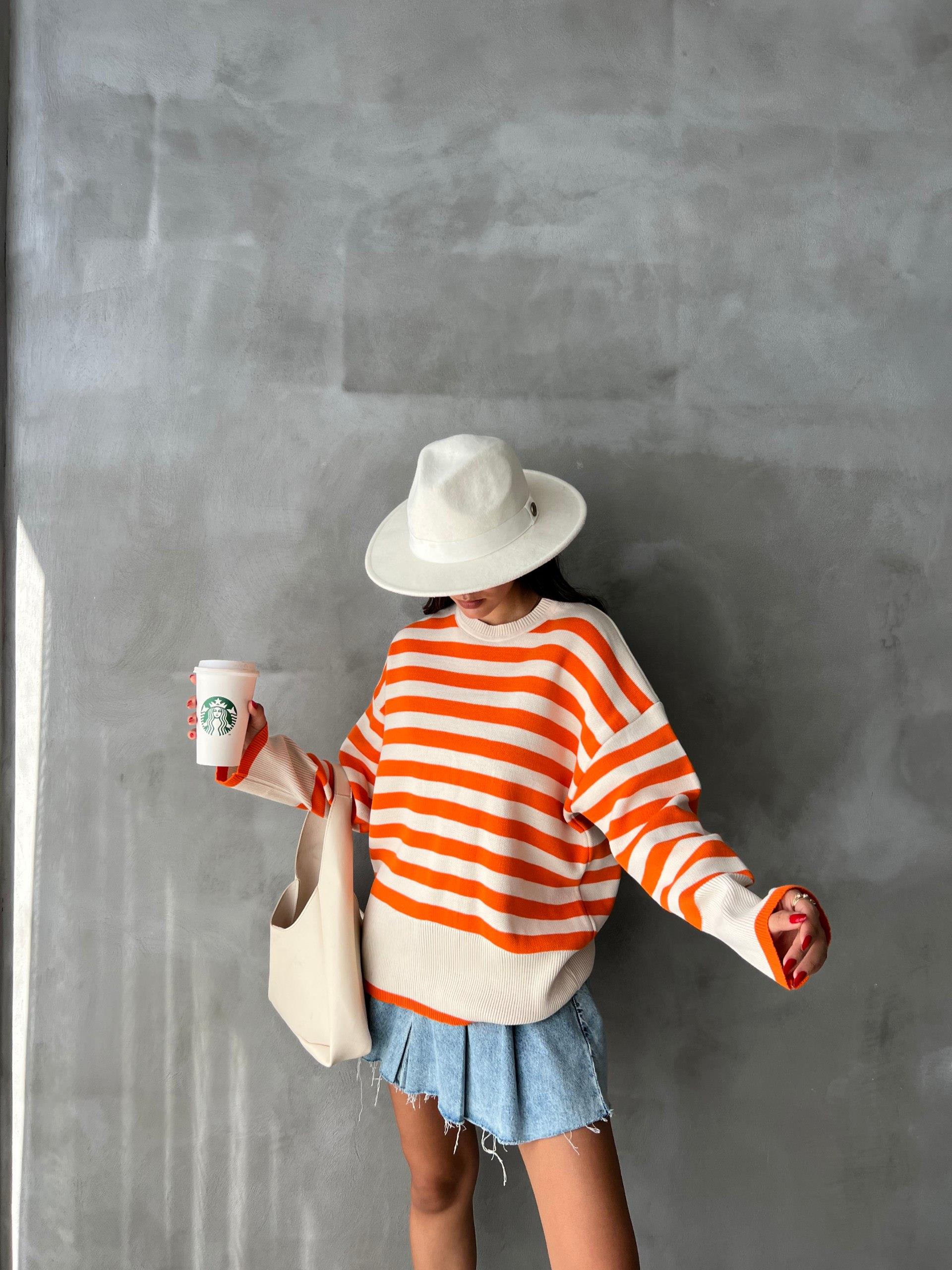 Zr Model Çizgili Oversize Triko - Turuncu