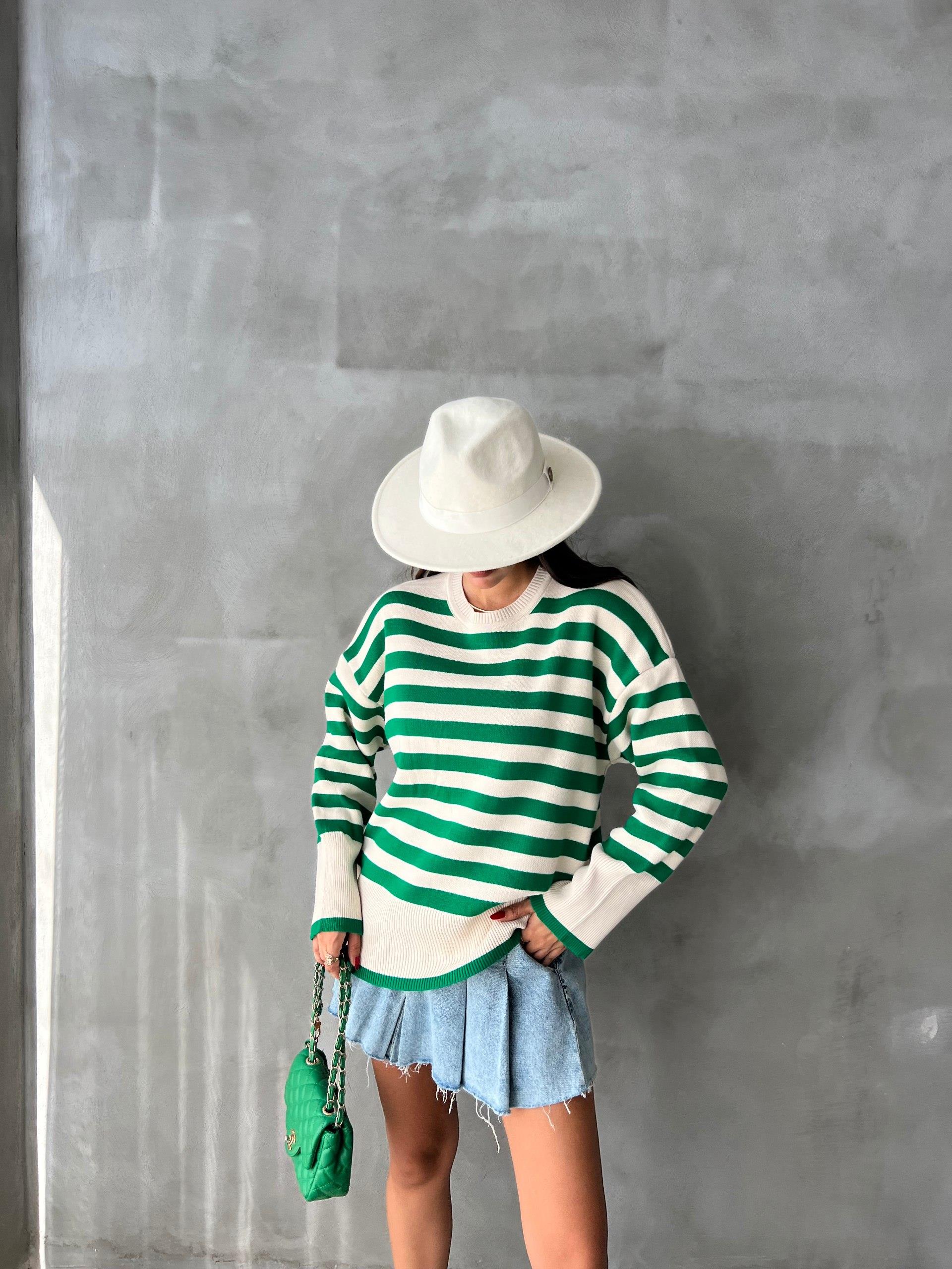 Zr Model Çizgili Oversize Triko - Yeşil