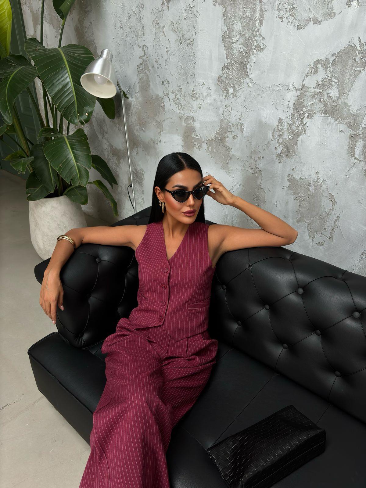 Zr Model Çizgili Yelek Pantolon Takım - Bordo