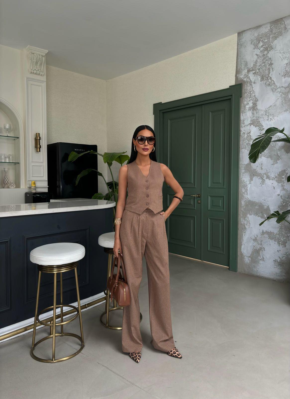 Zr Model Çizgili Yelek Pantolon Takım- Vizon