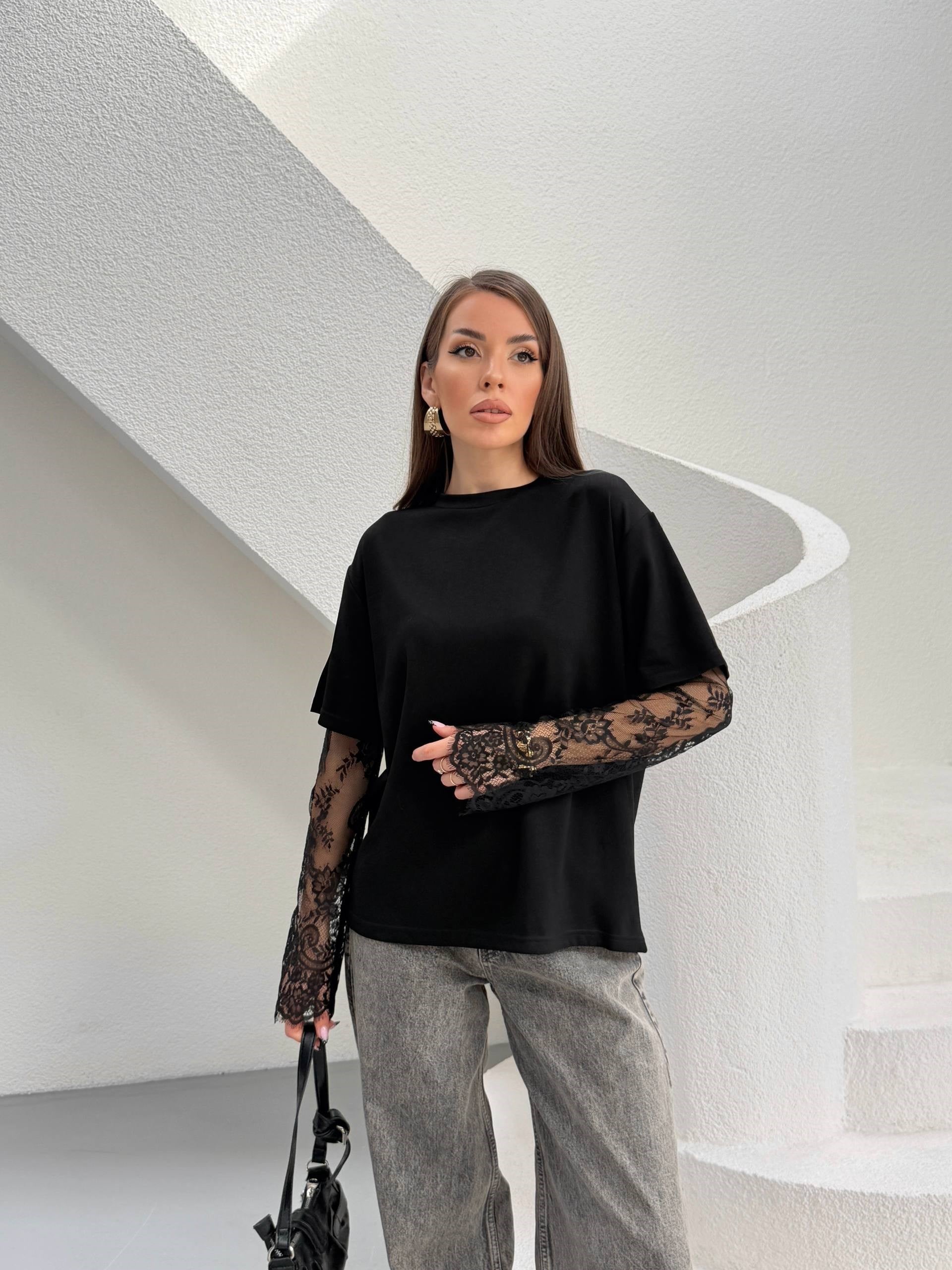 Zr Model Dantel Kol Premium Modal Bluz  - Siyah