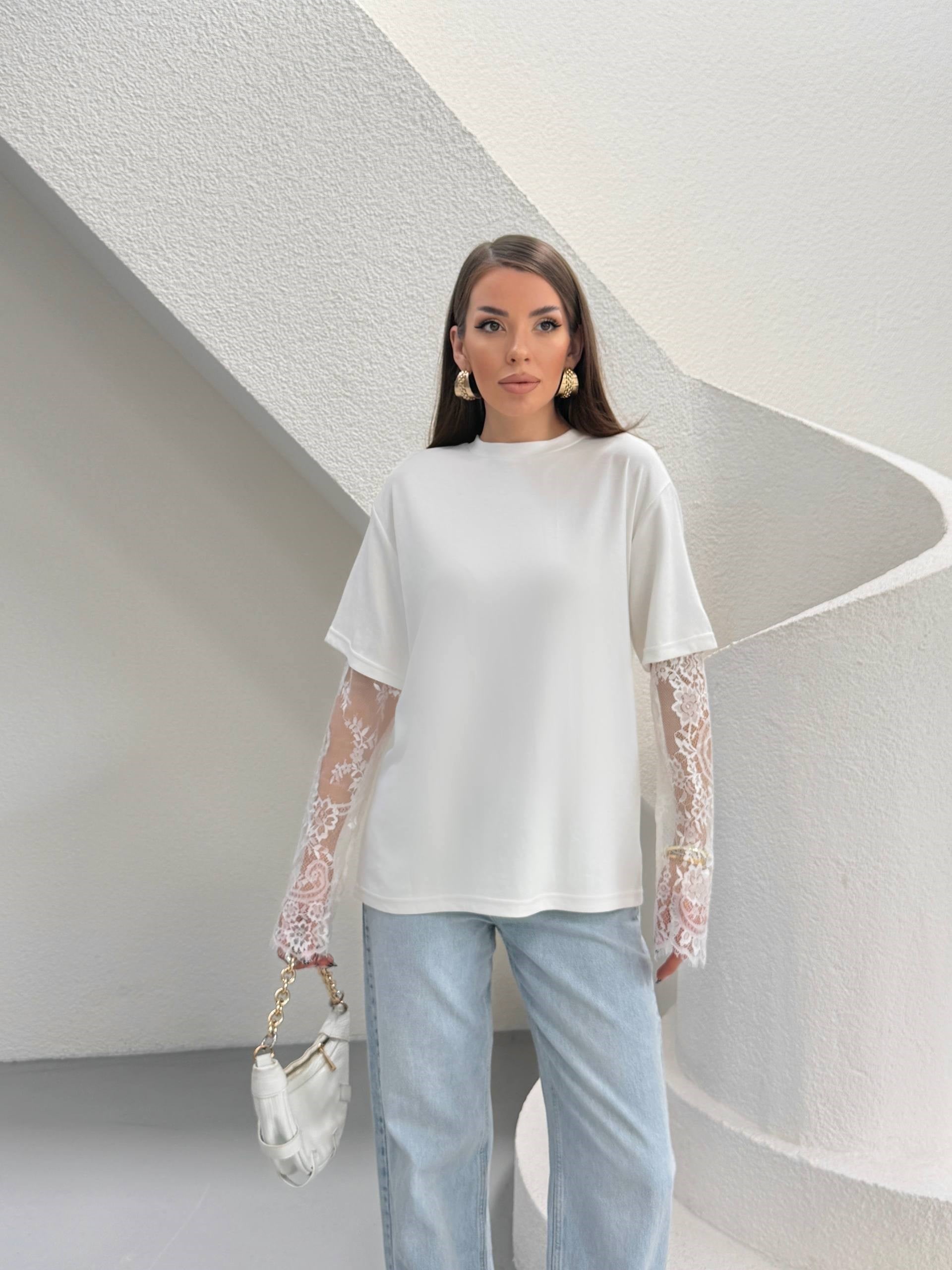 Zr Model Dantel Kol Premium Modal Bluz  - Beyaz