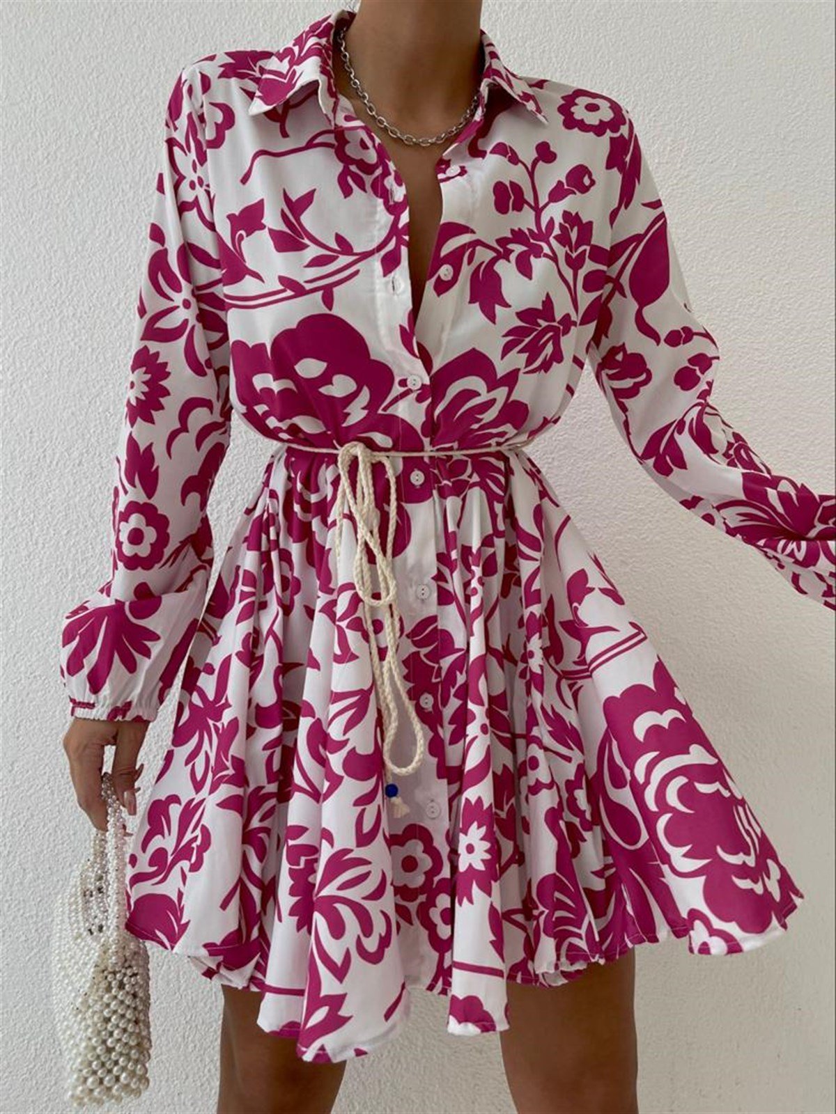 Zr model desenli gömlek elbise - PEMBE