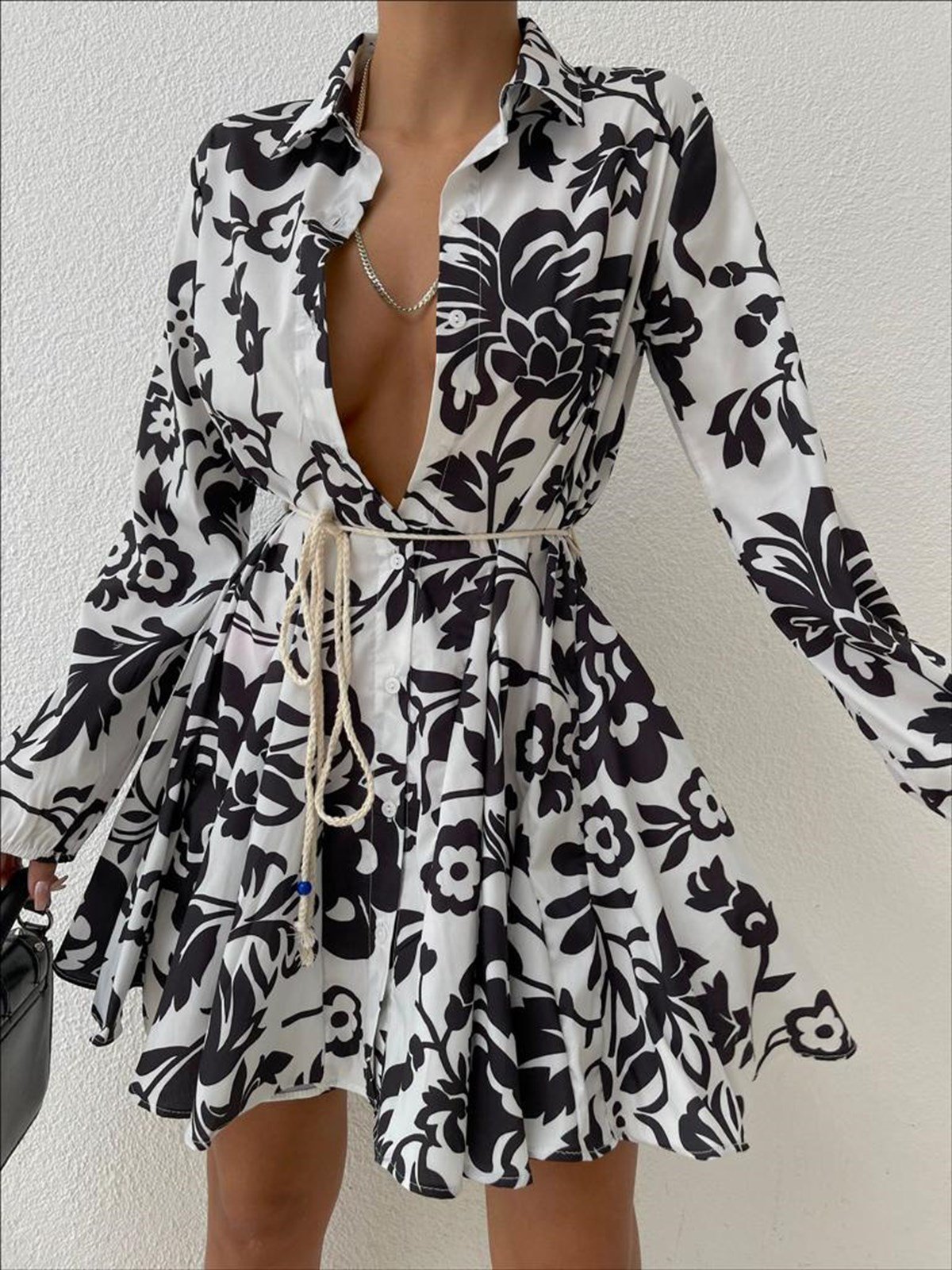 Zr model desenli gömlek elbise - SİYAH