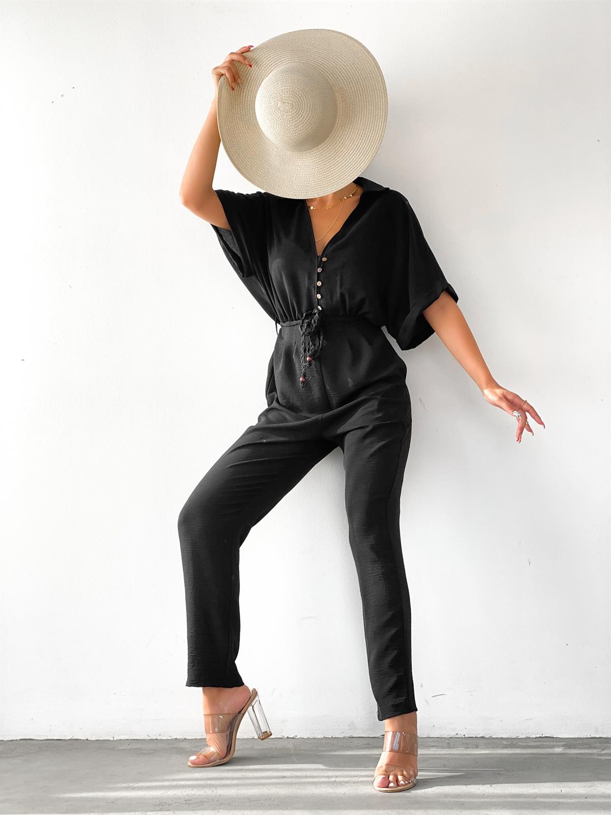 Zr model düğme detay tulum  - SİYAH