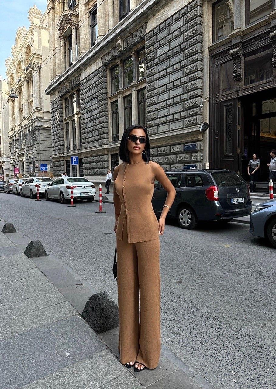 Zr Model Düğme Detay Yelek Pantolon Triko Takım - Vizon