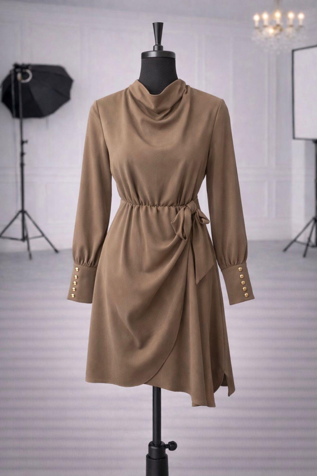 Zr Model Eteği Bağlanabilir Premium Elbise - Vizon