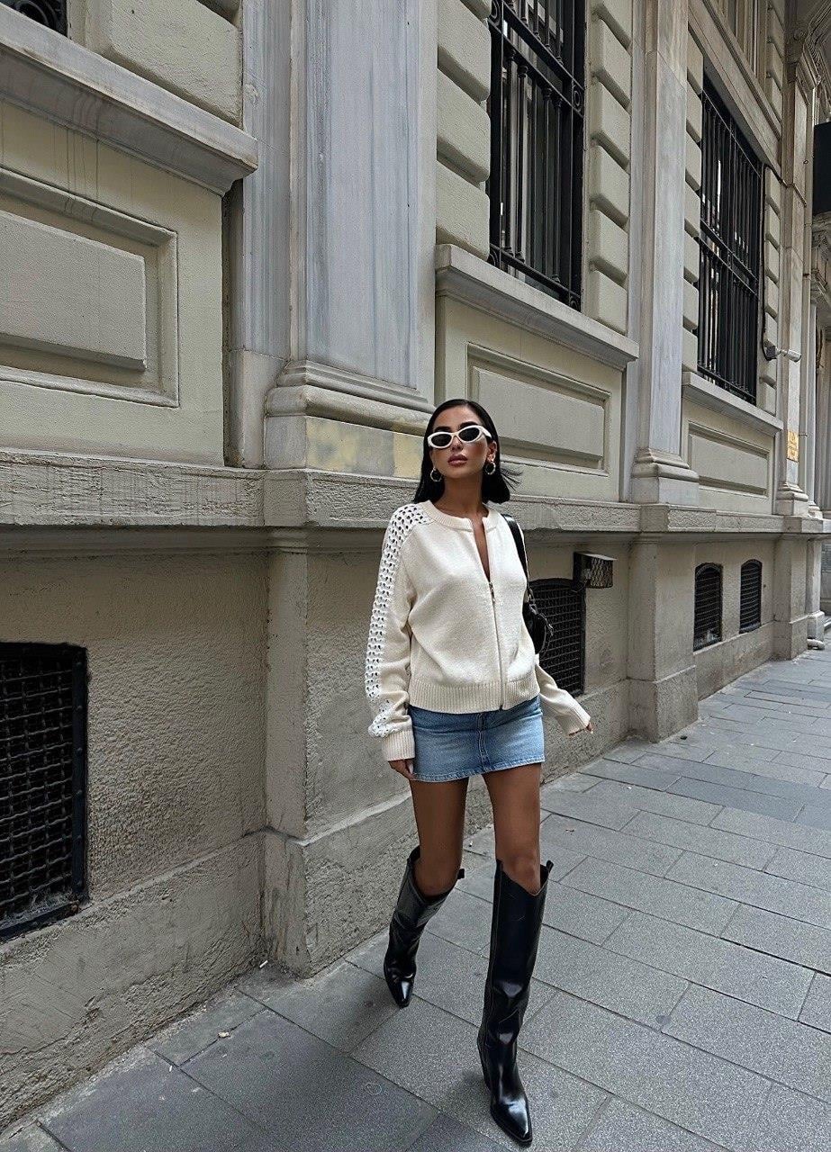 Zr Model Fermuarlı Örme Triko Hırka - Ekru