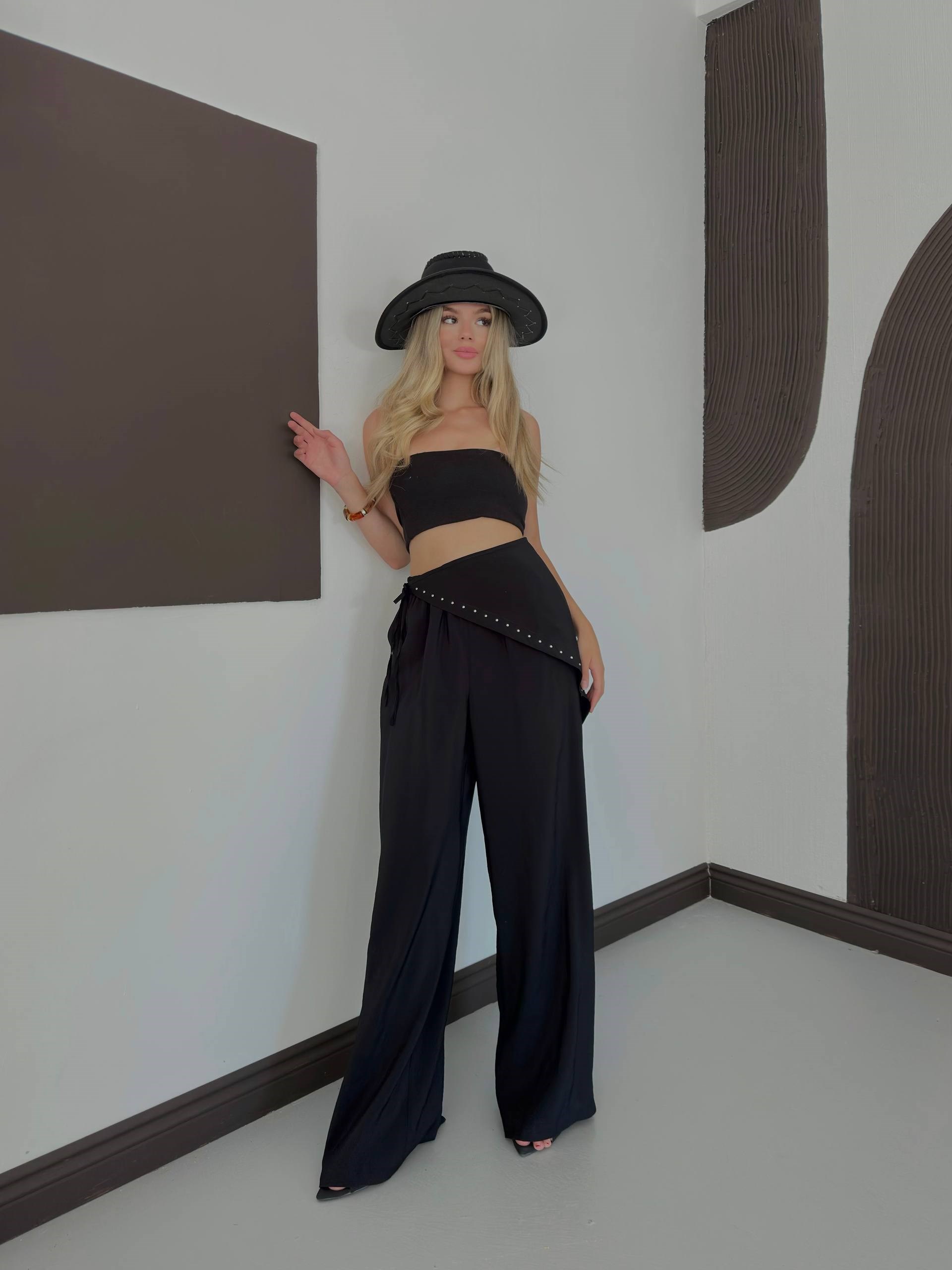 Zr Model Fularlı Taşlı Premium Pantolon - Siyah
