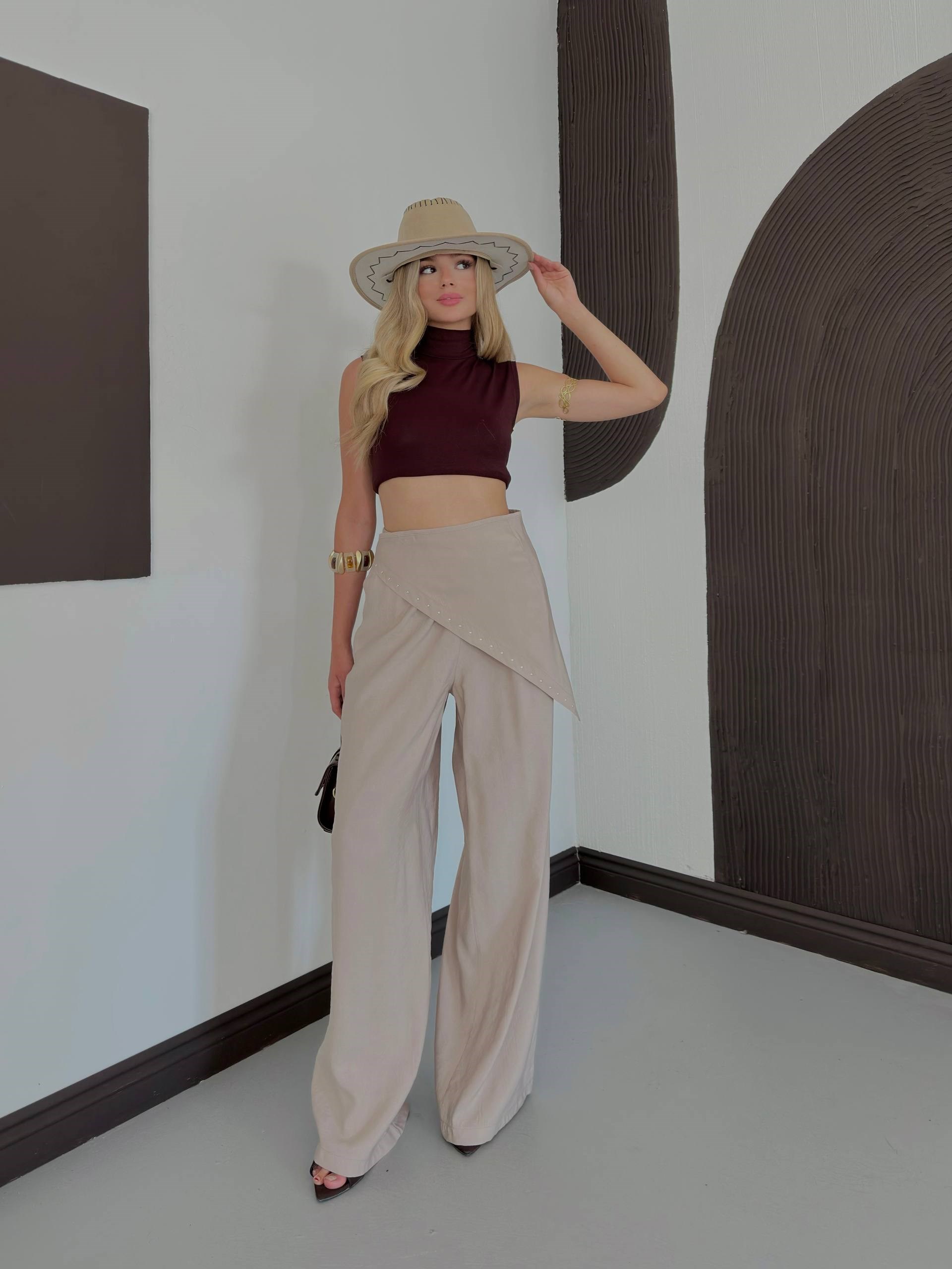 Zr Model Fularlı Taşlı Premium Pantolon - Taş