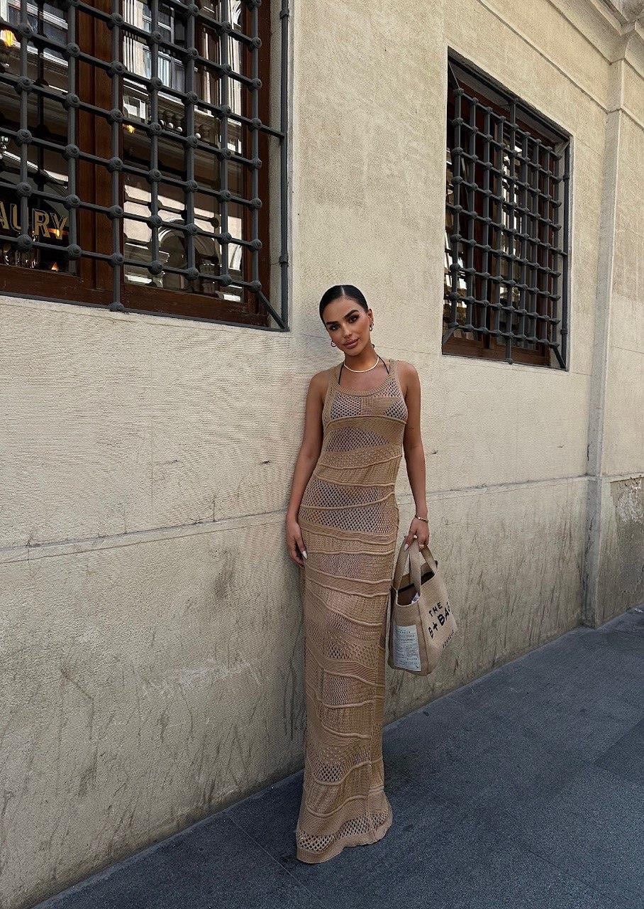 Zr Model Geçişli Ajurlu Elbise - Bej