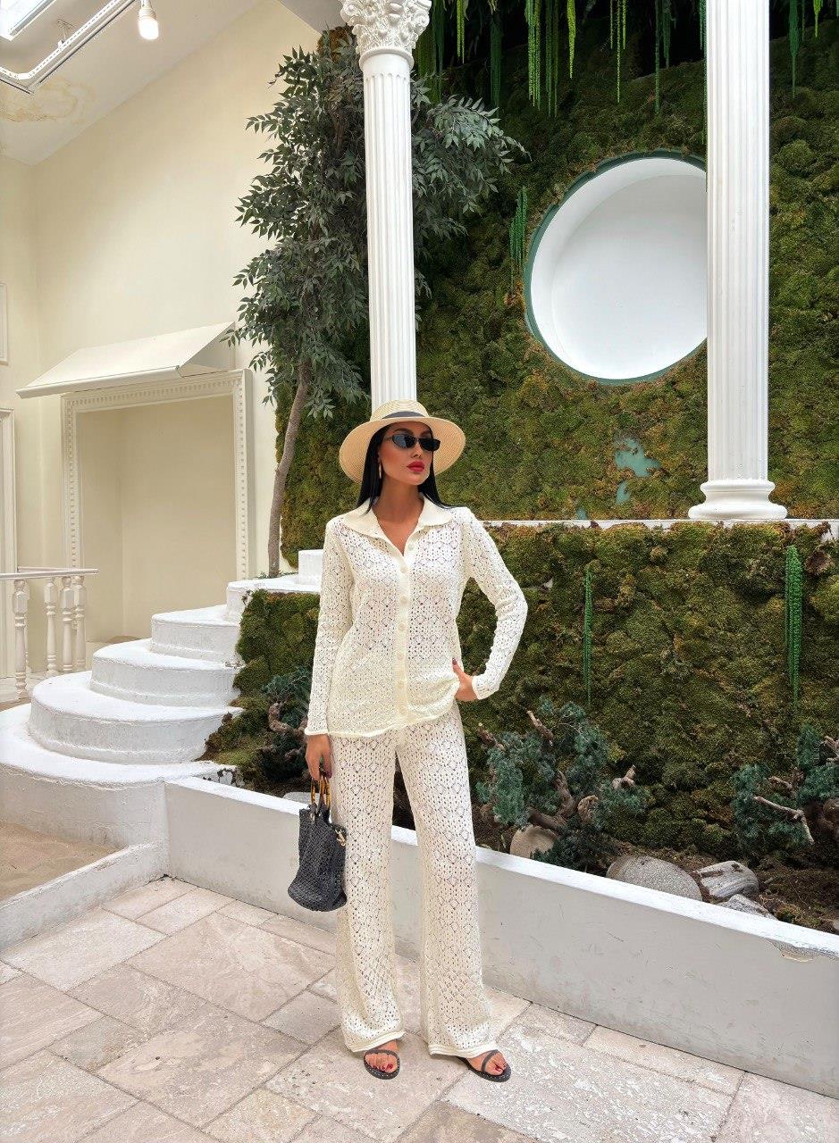 Zr Model Gömlek Pantolon Örme Premium Takım - Ekru