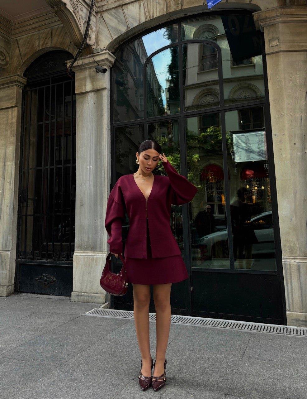 Zr Model Hırka Etek Premium Triko Takım - Bordo