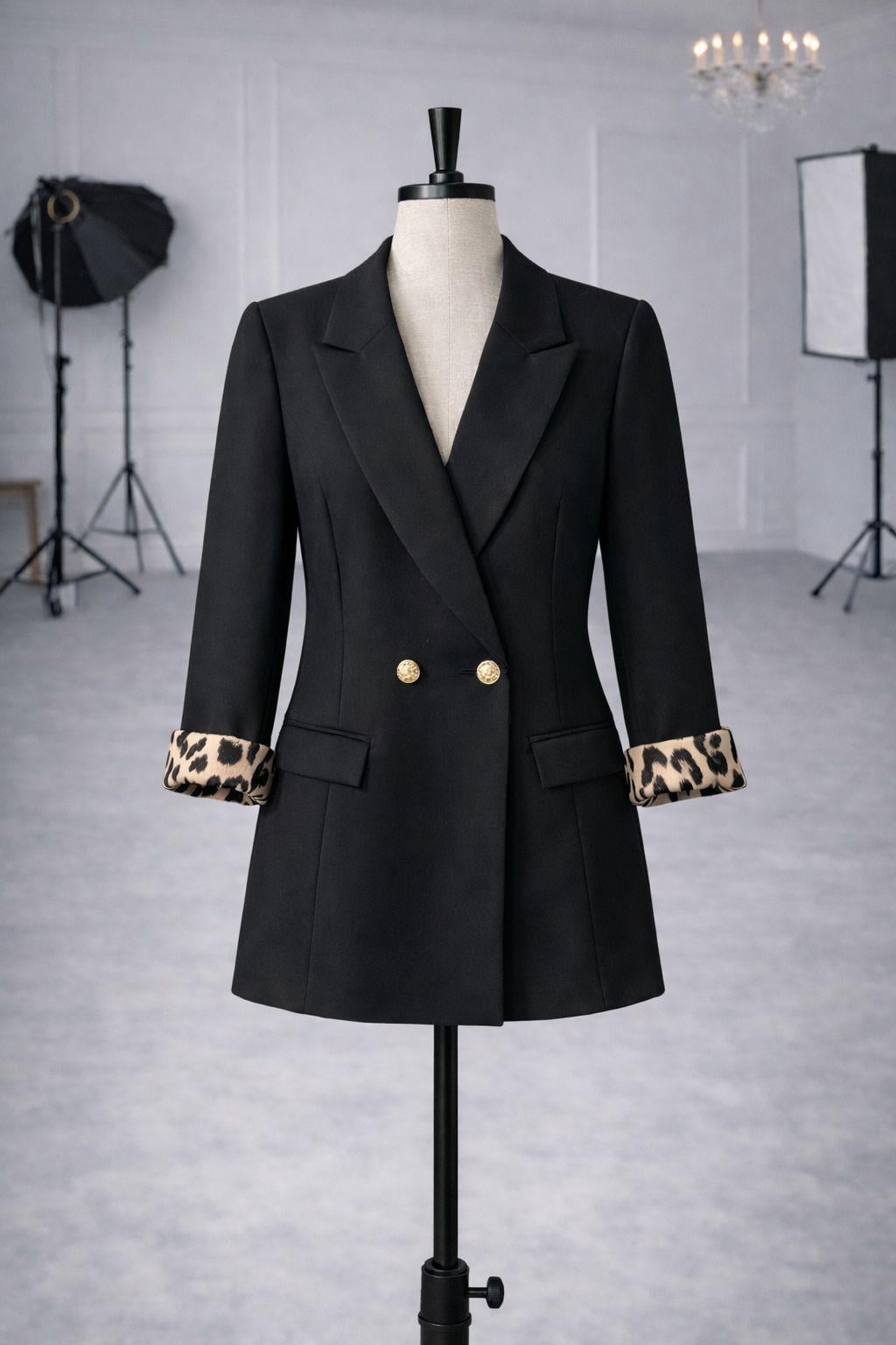 Zr Model İç Leopar Astarlı Premium Blazer Ceket - Siyah