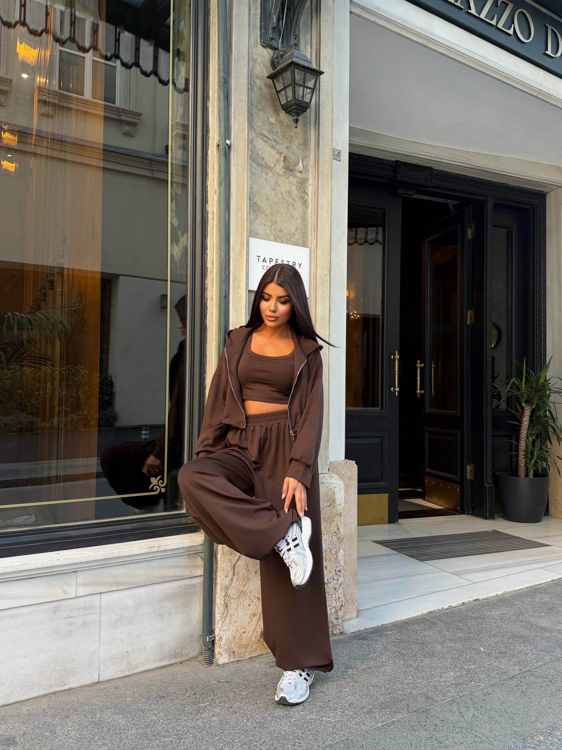 Zr Model Kapüşonlu Bluz Pantolon Premium Üçlü Takım - Kahve