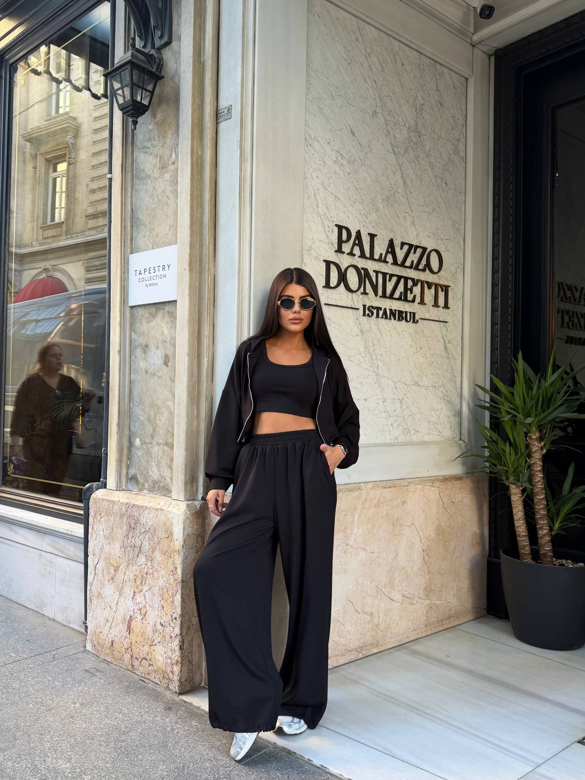 Zr Model Kapüşonlu Bluz Pantolon Premium Üçlü Takım - Siyah