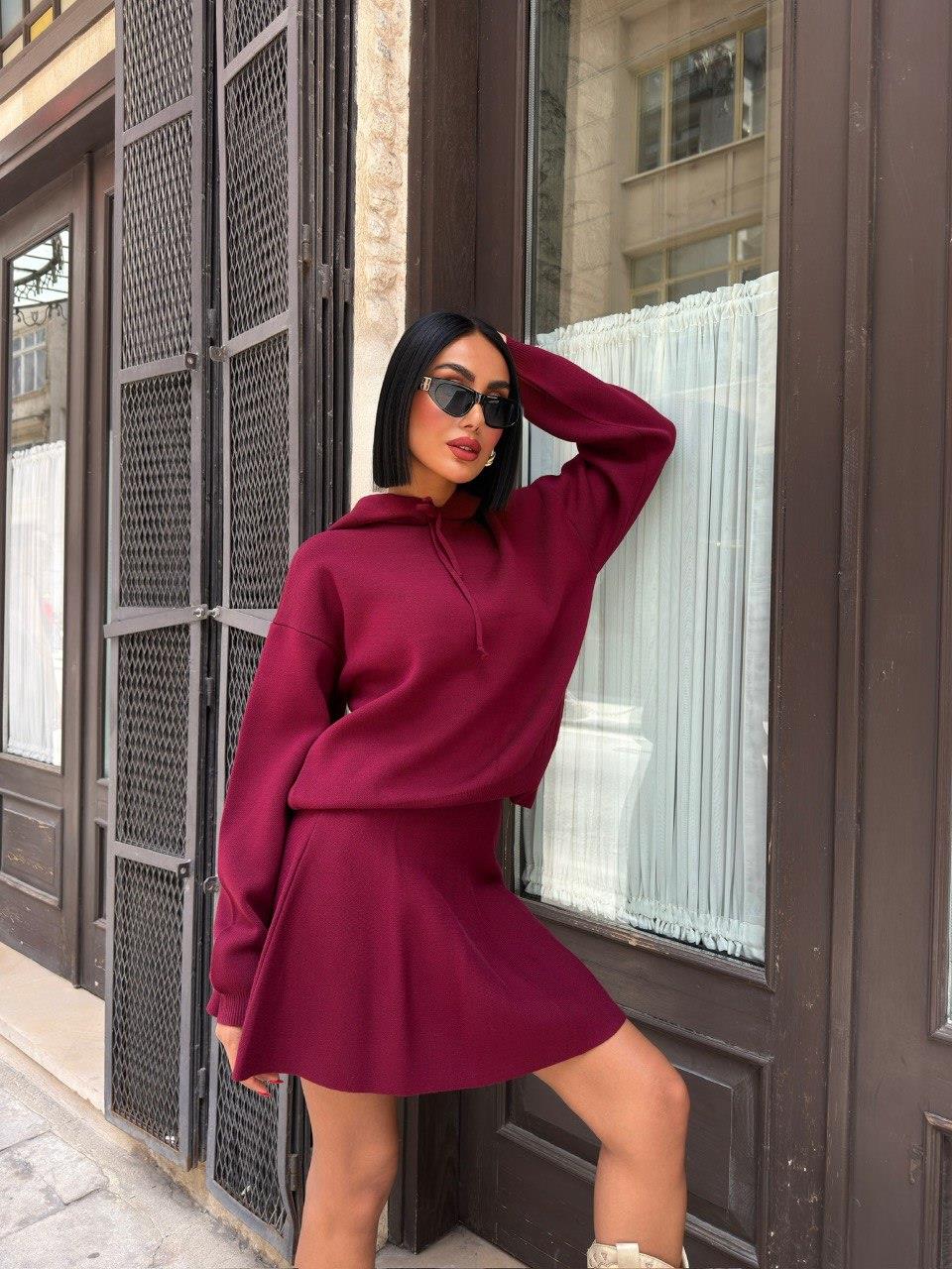 Zr Model Kapüşonlu Etekli Premium Triko Takım - Bordo