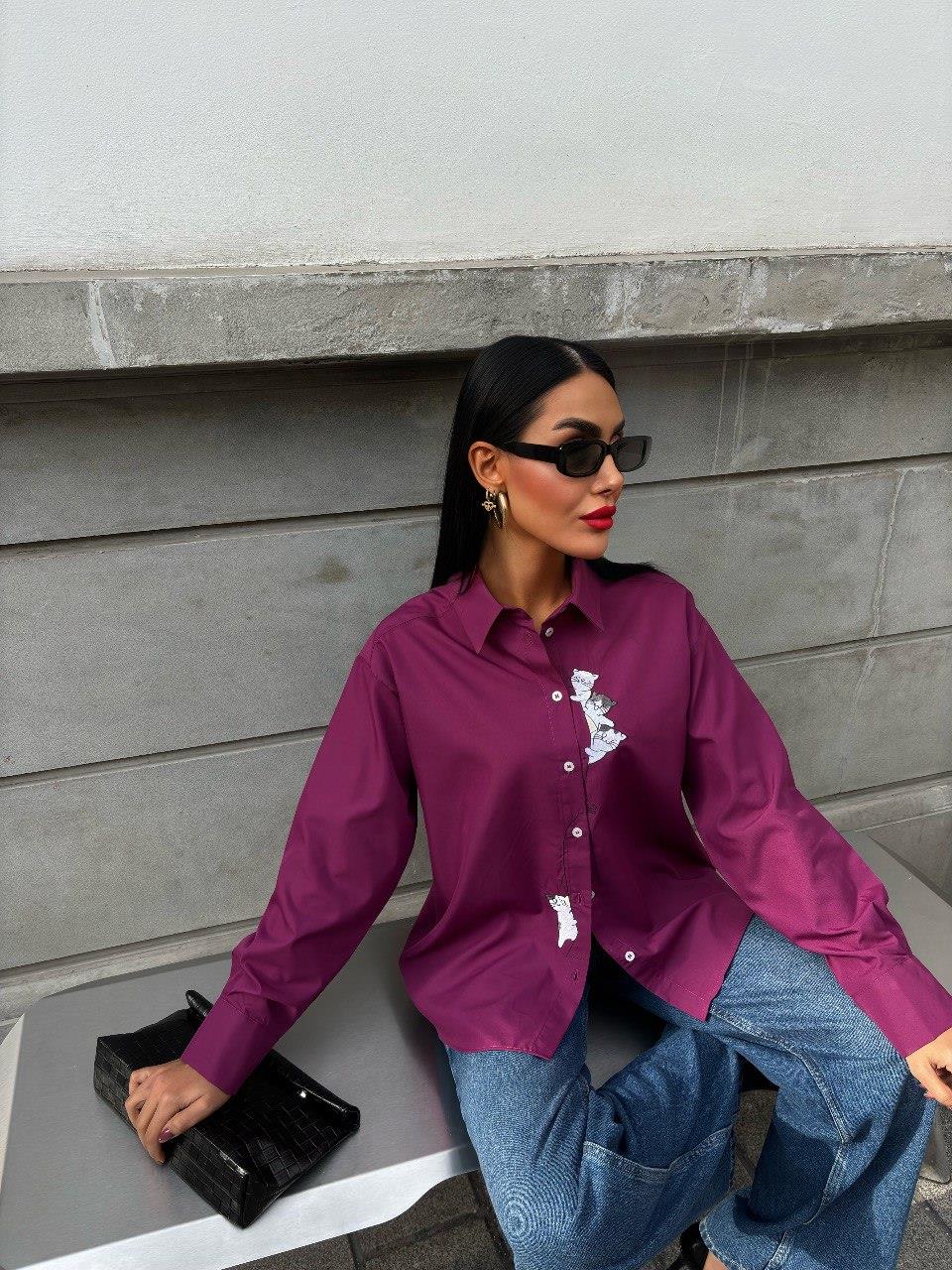 Zr Model Kedi Detaylı Oversize Gömlek - Mürdüm